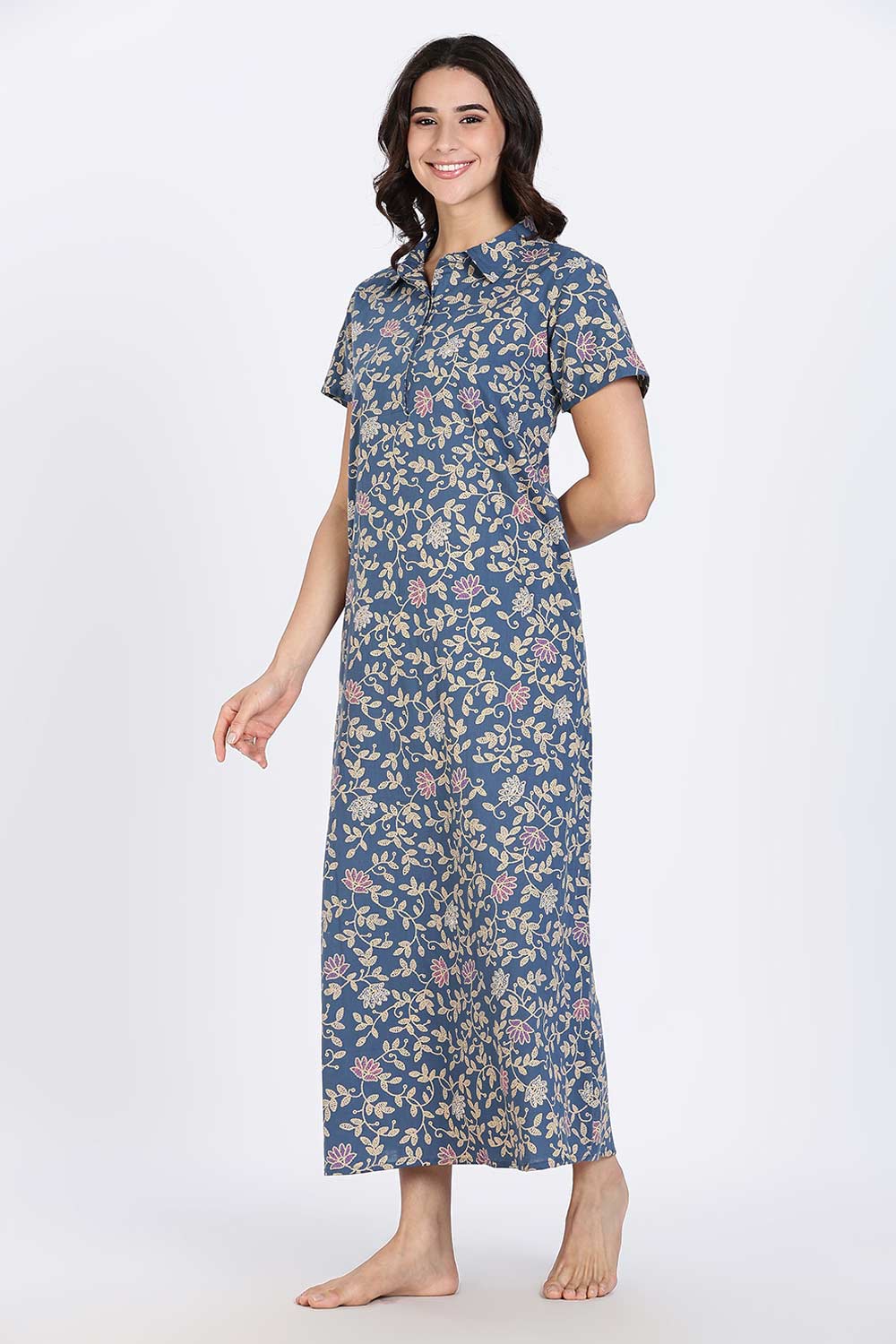 Naidu Hall Women’s Cotton Nighty Full Length A-Line Shirt Style Night Dress with Collar Neck and Button Placket
 - Blue - NA42