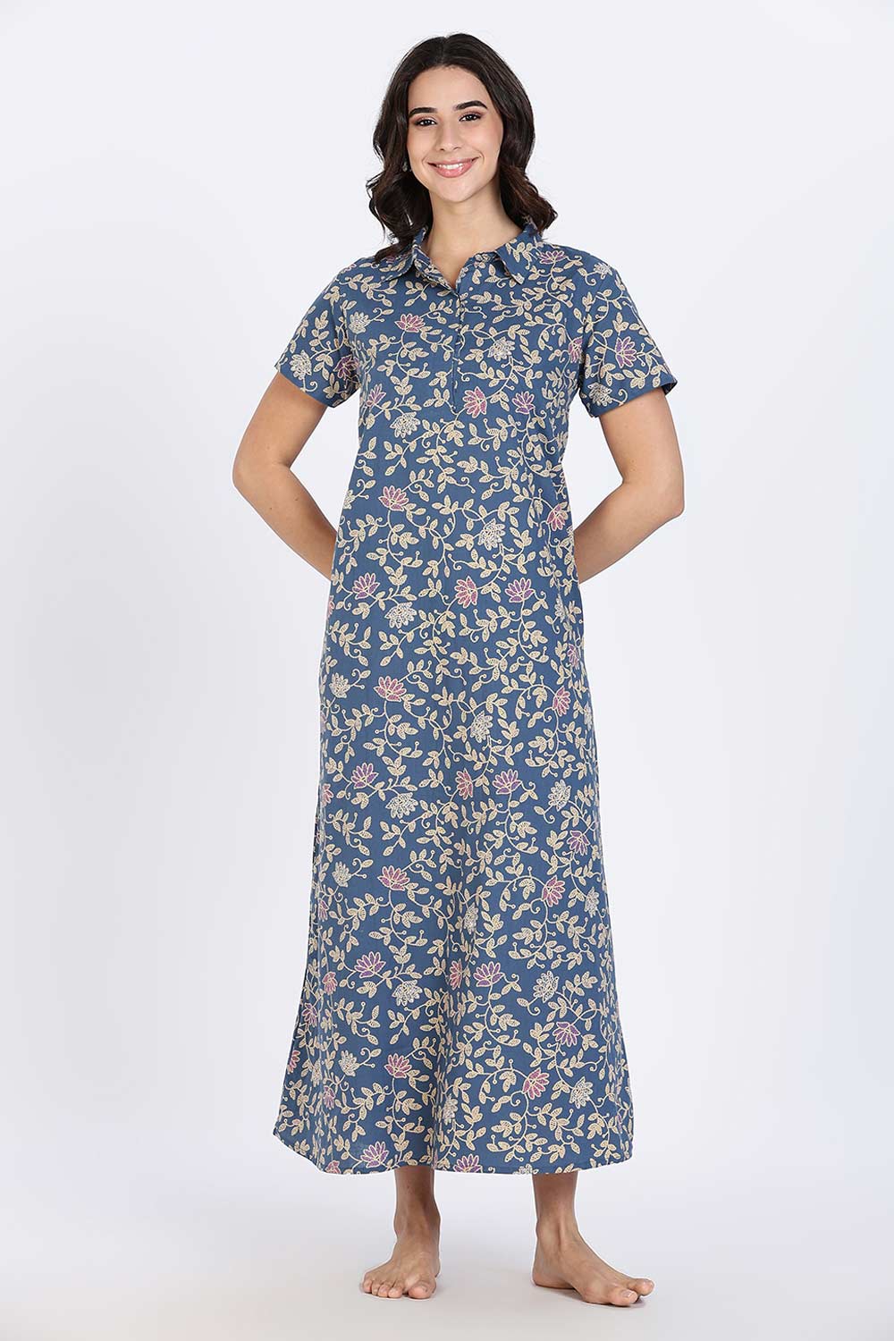 Naidu Hall Women’s Cotton Nighty Full Length A-Line Shirt Style Night Dress with Collar Neck and Button Placket
 - Blue - NA42