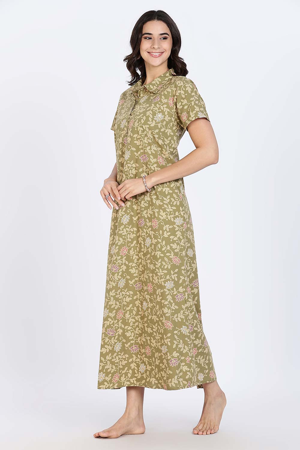 Naidu Hall Women’s Cotton Nighty Full Length A-Line Shirt Style Night Dress with Collar Neck and Button Placket
 - Green - NA42