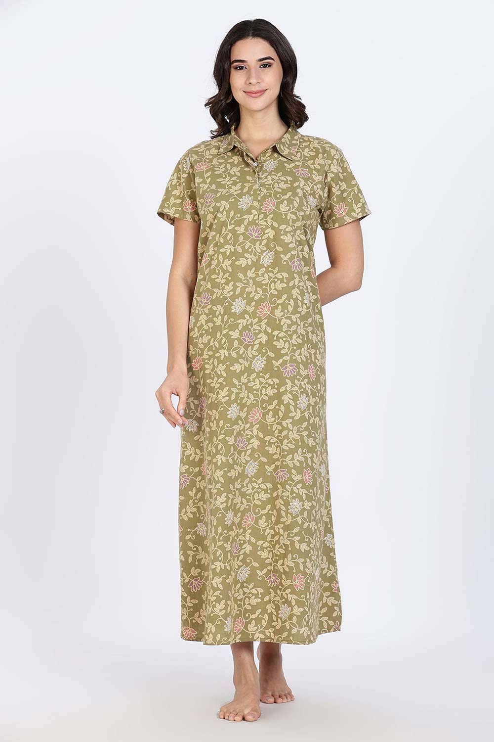 Naidu Hall Women’s Cotton Nighty Full Length A-Line Shirt Style Night Dress with Collar Neck and Button Placket
 - Green - NA42