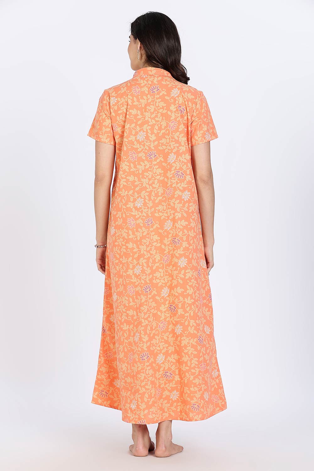 Naidu Hall Women’s Cotton Nighty Full Length A-Line Shirt Style Night Dress with Collar Neck and Button Placket
 - Peach - NA42