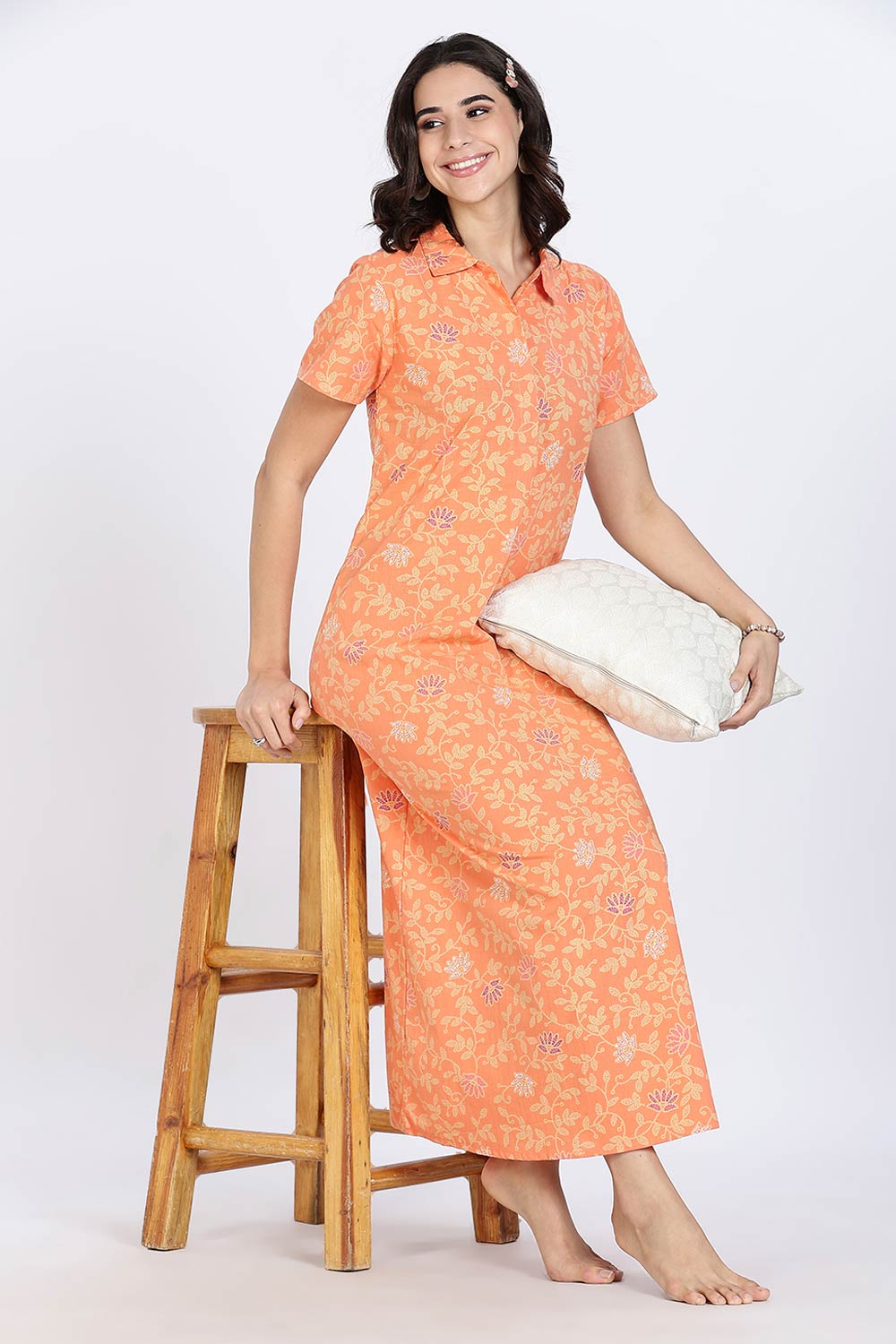 Naidu Hall Women’s Cotton Nighty Full Length A-Line Shirt Style Night Dress with Collar Neck and Button Placket
 - Peach - NA42