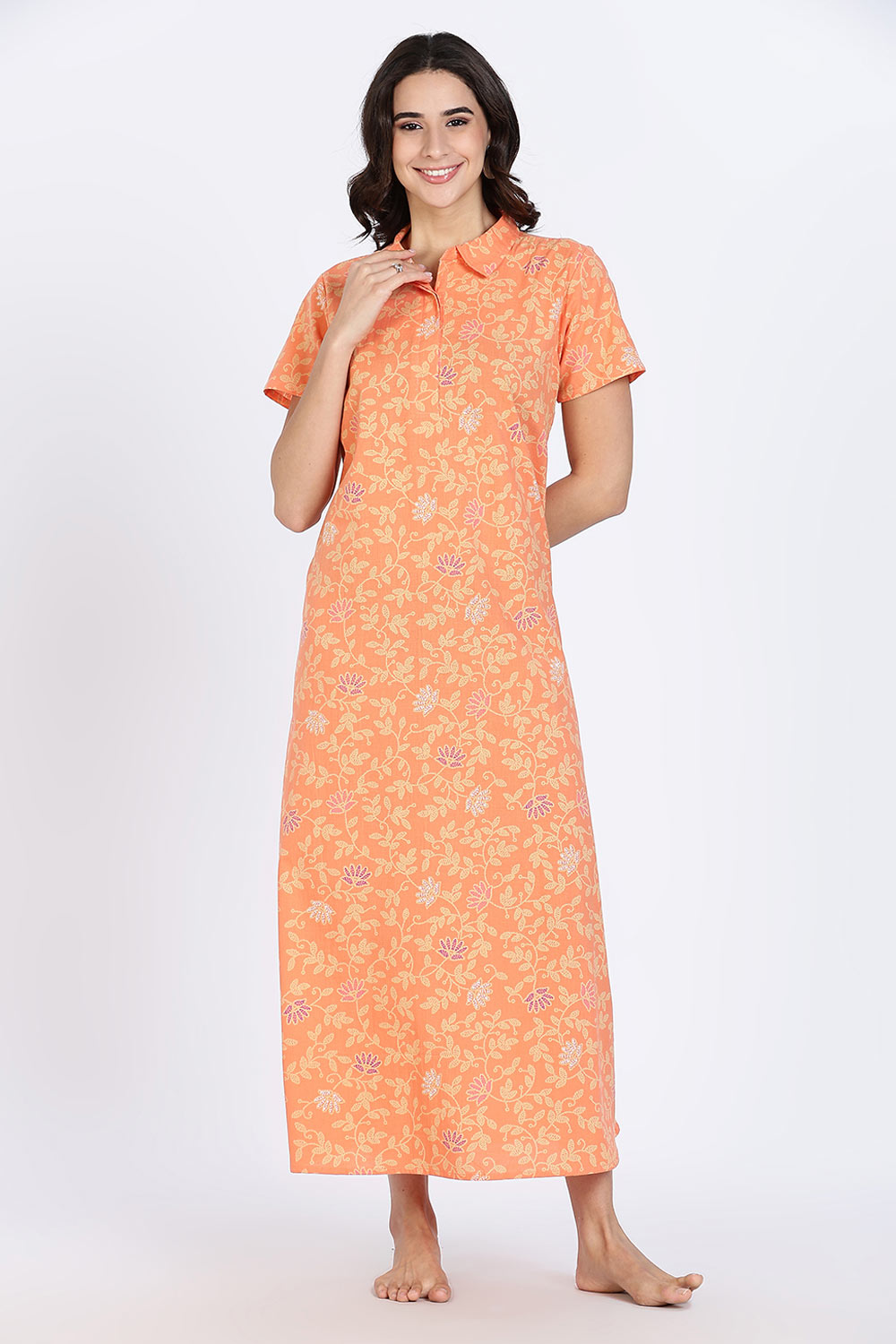 Naidu Hall Women’s Cotton Nighty Full Length A-Line Shirt Style Night Dress with Collar Neck and Button Placket
 - Peach - NA42