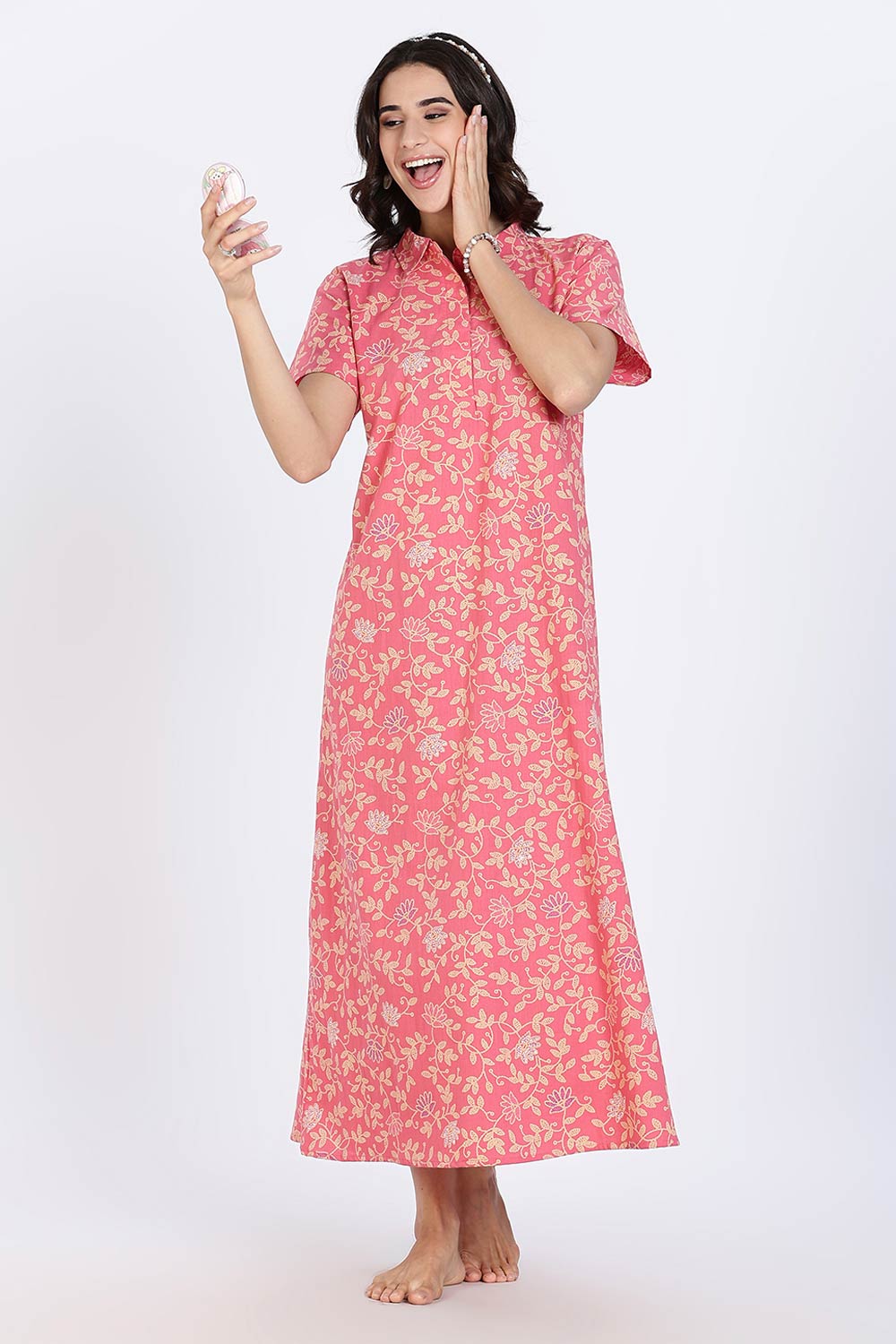 Naidu Hall Women’s Cotton Nighty Full Length A-Line Shirt Style Night Dress with Collar Neck and Button Placket
 - Pink - NA42