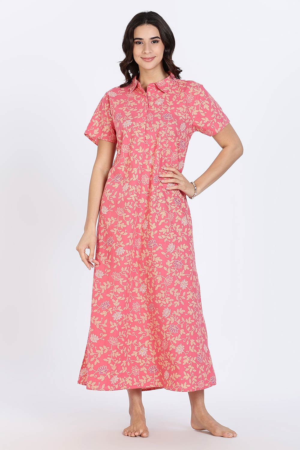 Naidu Hall Women’s Cotton Nighty Full Length A-Line Shirt Style Night Dress with Collar Neck and Button Placket
 - Pink - NA42