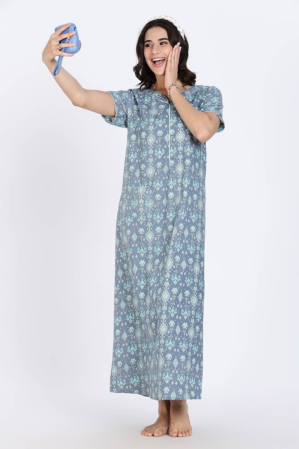 Naidu Hall Women’s Cotton Nighty Full Length Night Dress with Round Neck Short Sleeves and Piping Detail
 - Blue - NA44