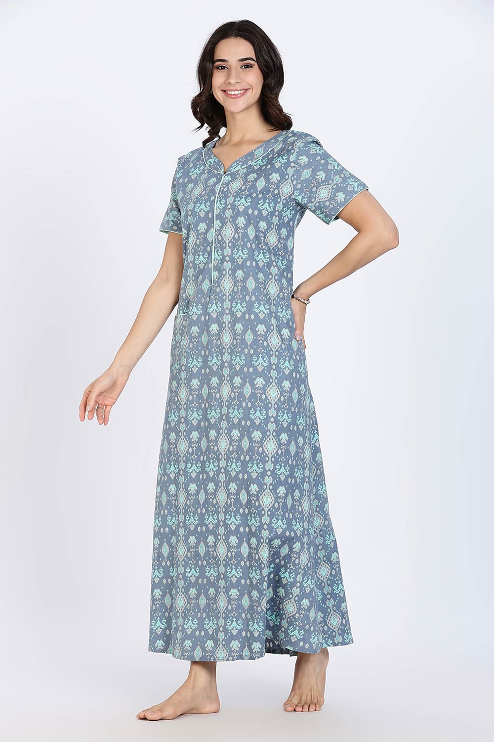 Naidu Hall Women’s Cotton Nighty Full Length Night Dress with Round Neck Short Sleeves and Piping Detail
 - Blue - NA44