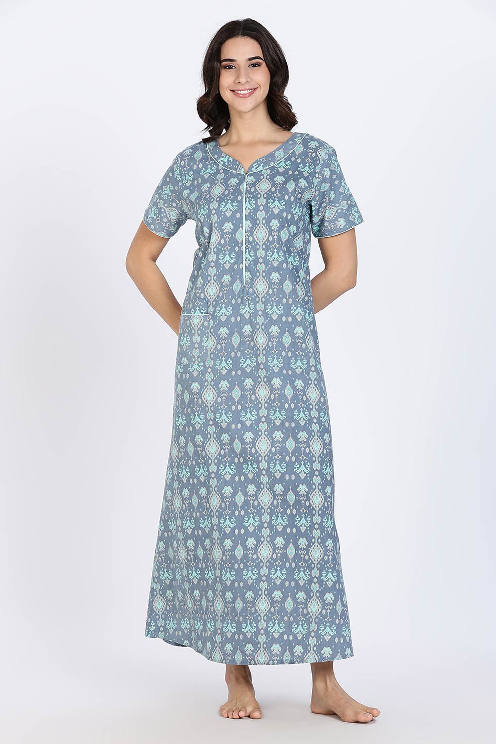 Naidu Hall Women’s Cotton Nighty Full Length Night Dress with Round Neck Short Sleeves and Piping Detail
 - Blue - NA44