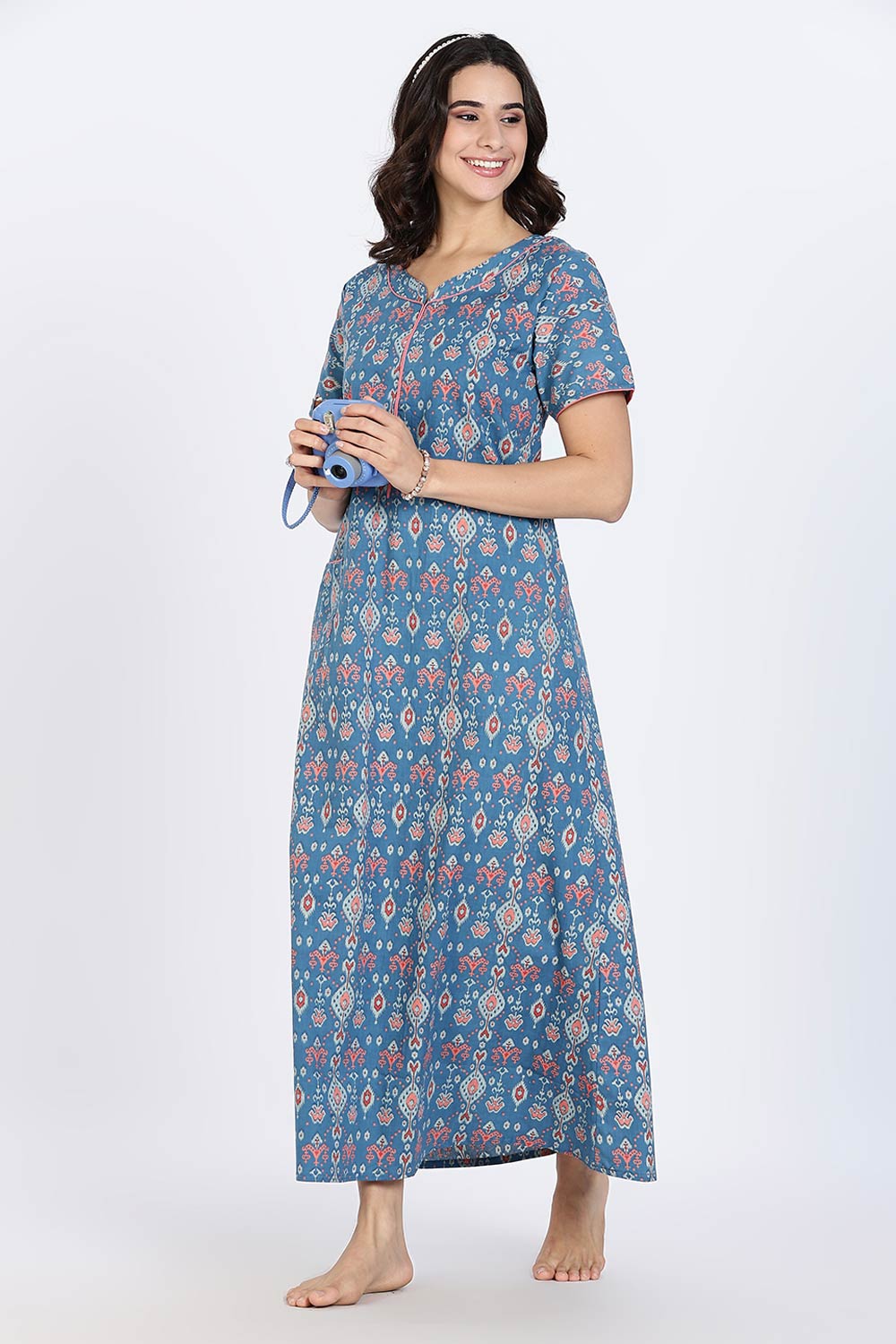 Naidu Hall Women’s Cotton Nighty Full Length Night Dress with Round Neck Short Sleeves and Piping Detail
 - Dark Blue - NA44