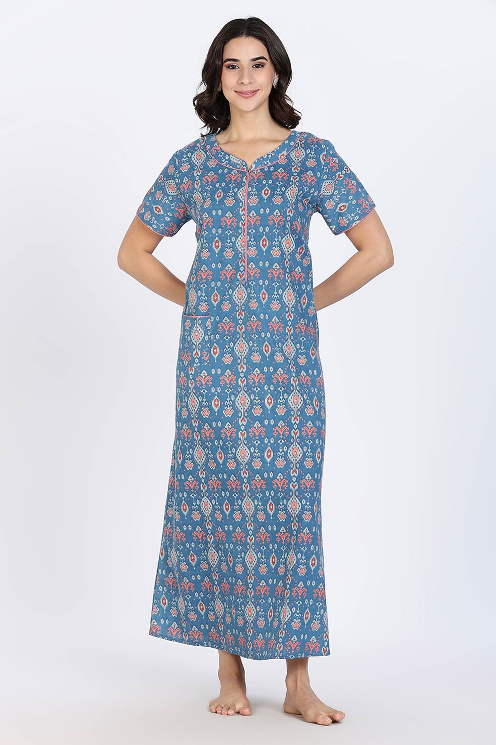 Naidu Hall Women’s Cotton Nighty Full Length Night Dress with Round Neck Short Sleeves and Piping Detail
 - Dark Blue - NA44