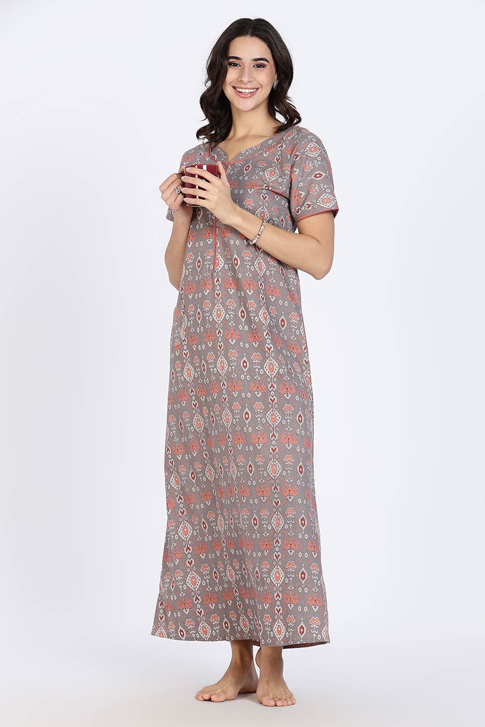 Naidu Hall Women’s Cotton Nighty Full Length Night Dress with Round Neck Short Sleeves and Piping Detail
 - Grey - NA44