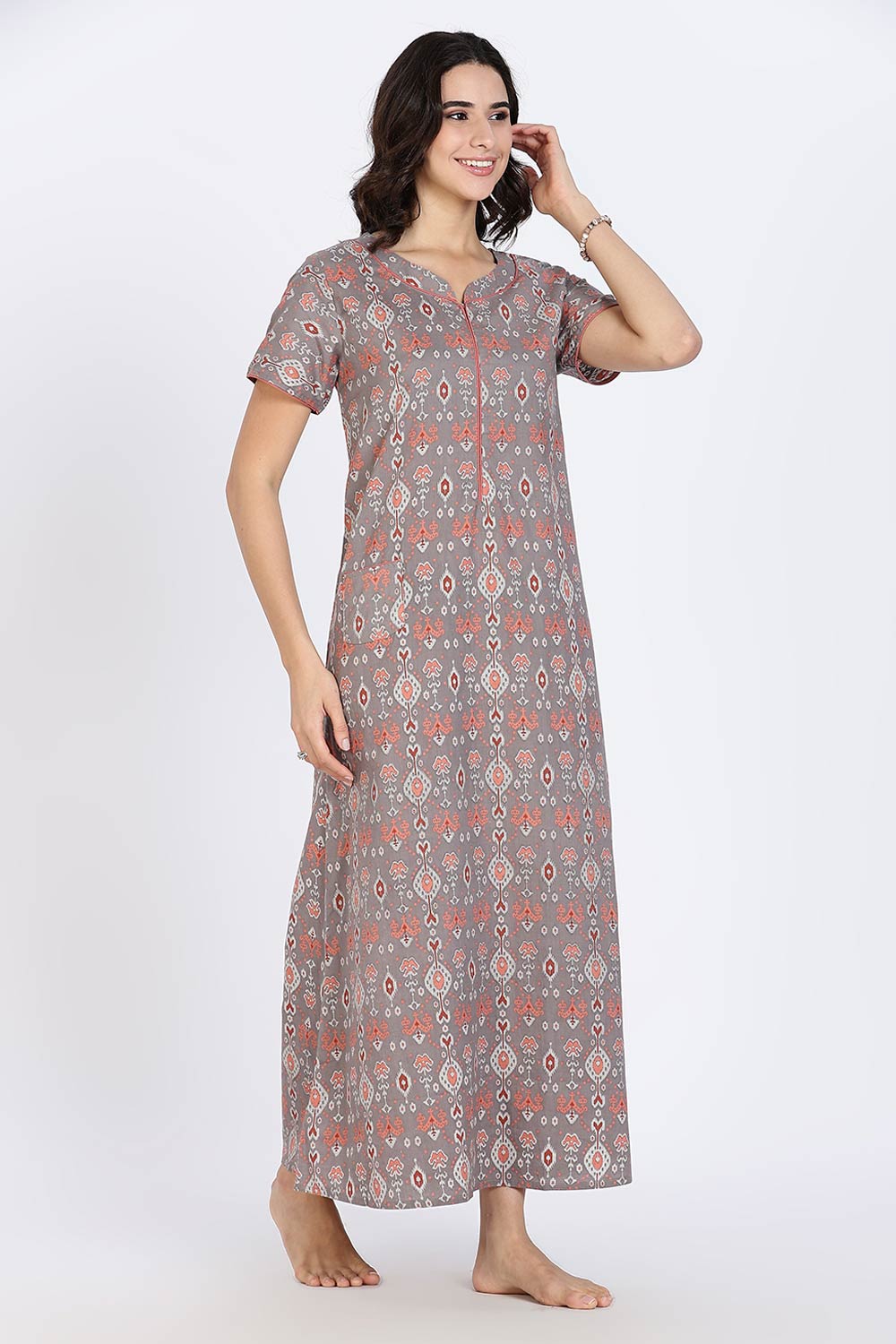 Naidu Hall Women’s Cotton Nighty Full Length Night Dress with Round Neck Short Sleeves and Piping Detail
 - Grey - NA44