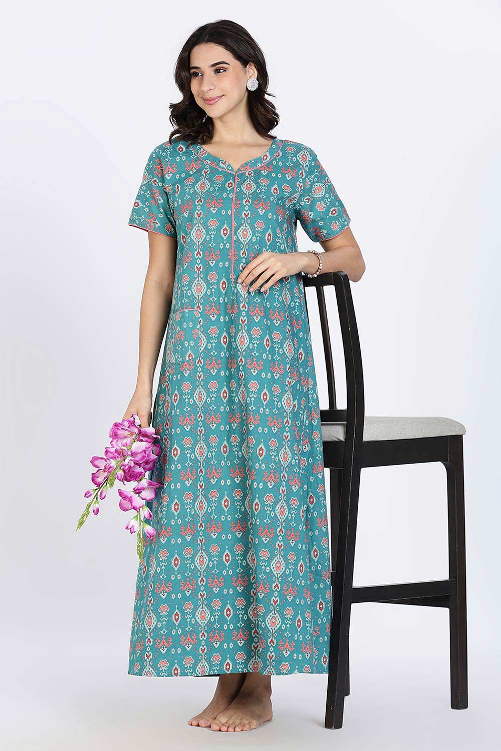 Naidu Hall Women’s Cotton Nighty Full Length Night Dress with Round Neck Short Sleeves and Piping Detail
 - Teal - NA44