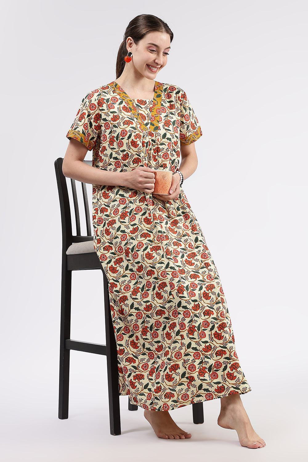 Naidu Hall Women’s Printed Cotton Full-Length Nighty with V-Neck Patchwork and Contrast Border Sleeves
 - NA46