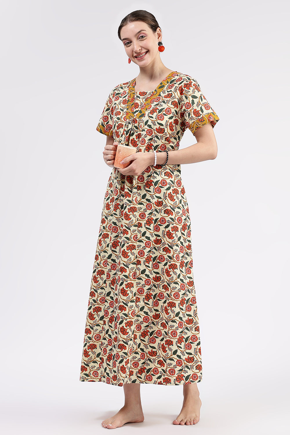 Naidu Hall Women’s Printed Cotton Full Length Nighty with Contrast V Neck Patchwork Detailing
 - Off White - NA46