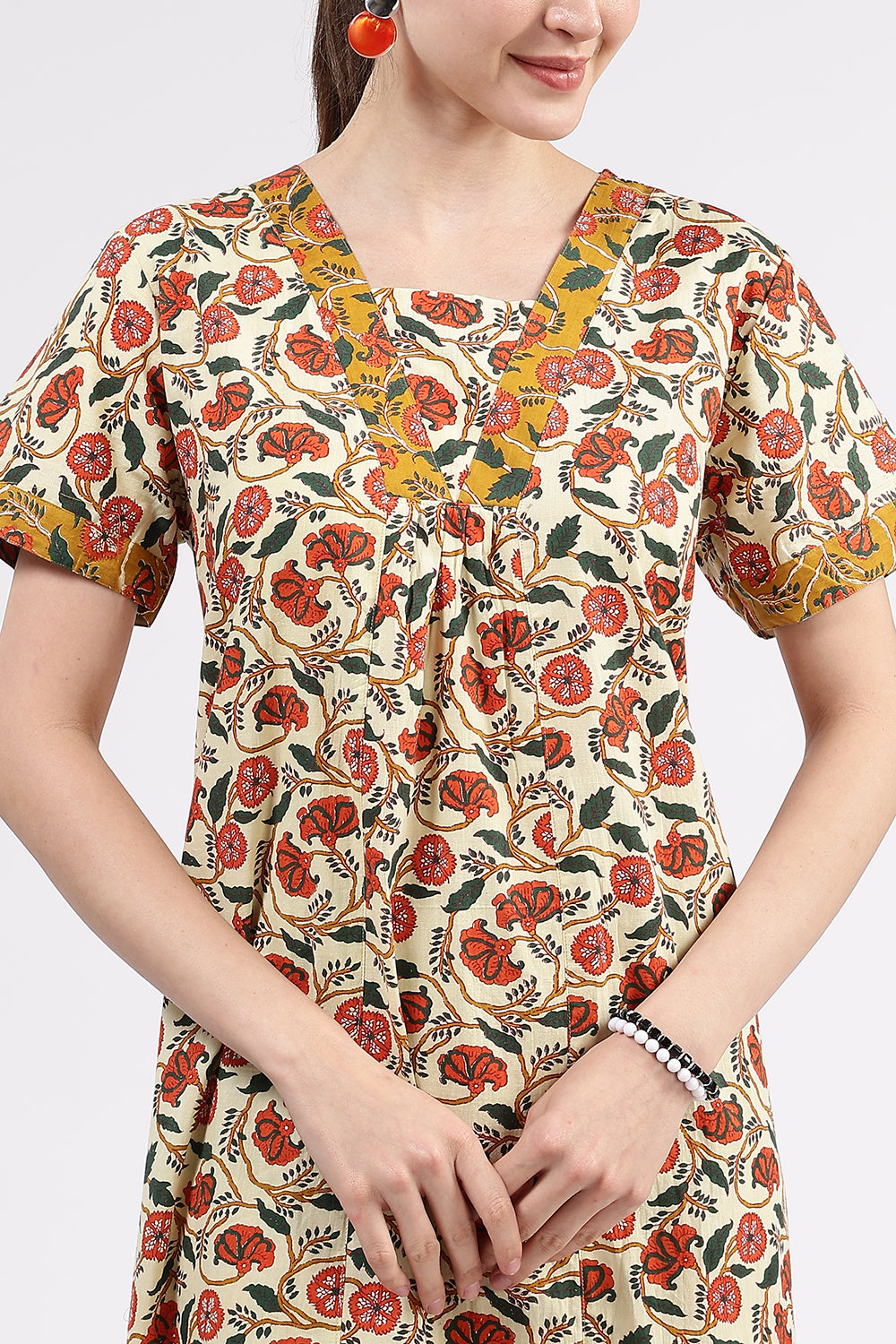 Naidu Hall Women’s Printed Cotton Full-Length Nighty with V-Neck Patchwork and Contrast Border Sleeves
 - NA46