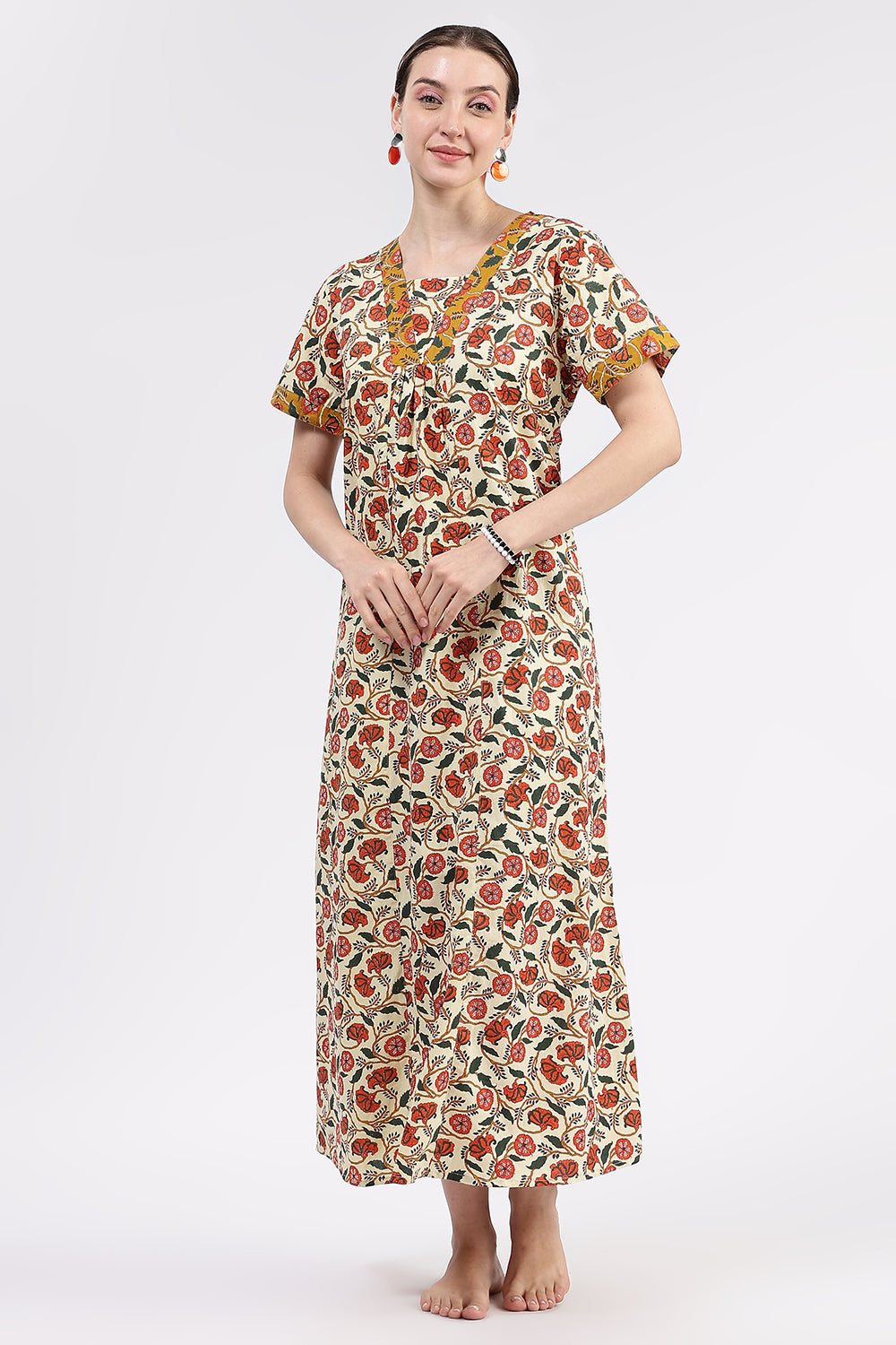 Naidu Hall Women’s Printed Cotton Full Length Nighty with Contrast V Neck Patchwork Detailing
 - Off White - NA46