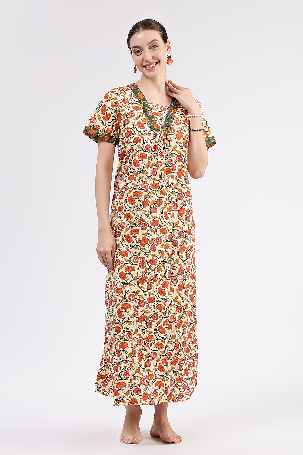 Naidu Hall Women’s Printed Cotton Full-Length Nighty with V-Neck Patchwork and Contrast Border Sleeves
 - NA46