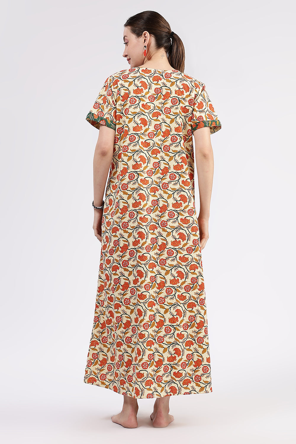 Naidu Hall Women’s Printed Cotton Full-Length Nighty with V-Neck Patchwork and Contrast Border Sleeves
 - NA46