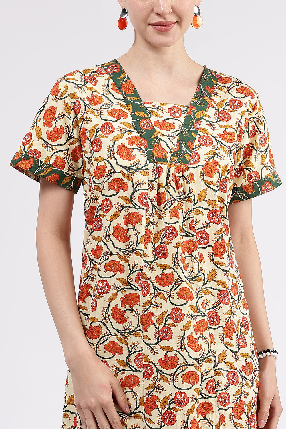 Naidu Hall Women’s Printed Cotton Full-Length Nighty with V-Neck Patchwork and Contrast Border Sleeves
 - NA46