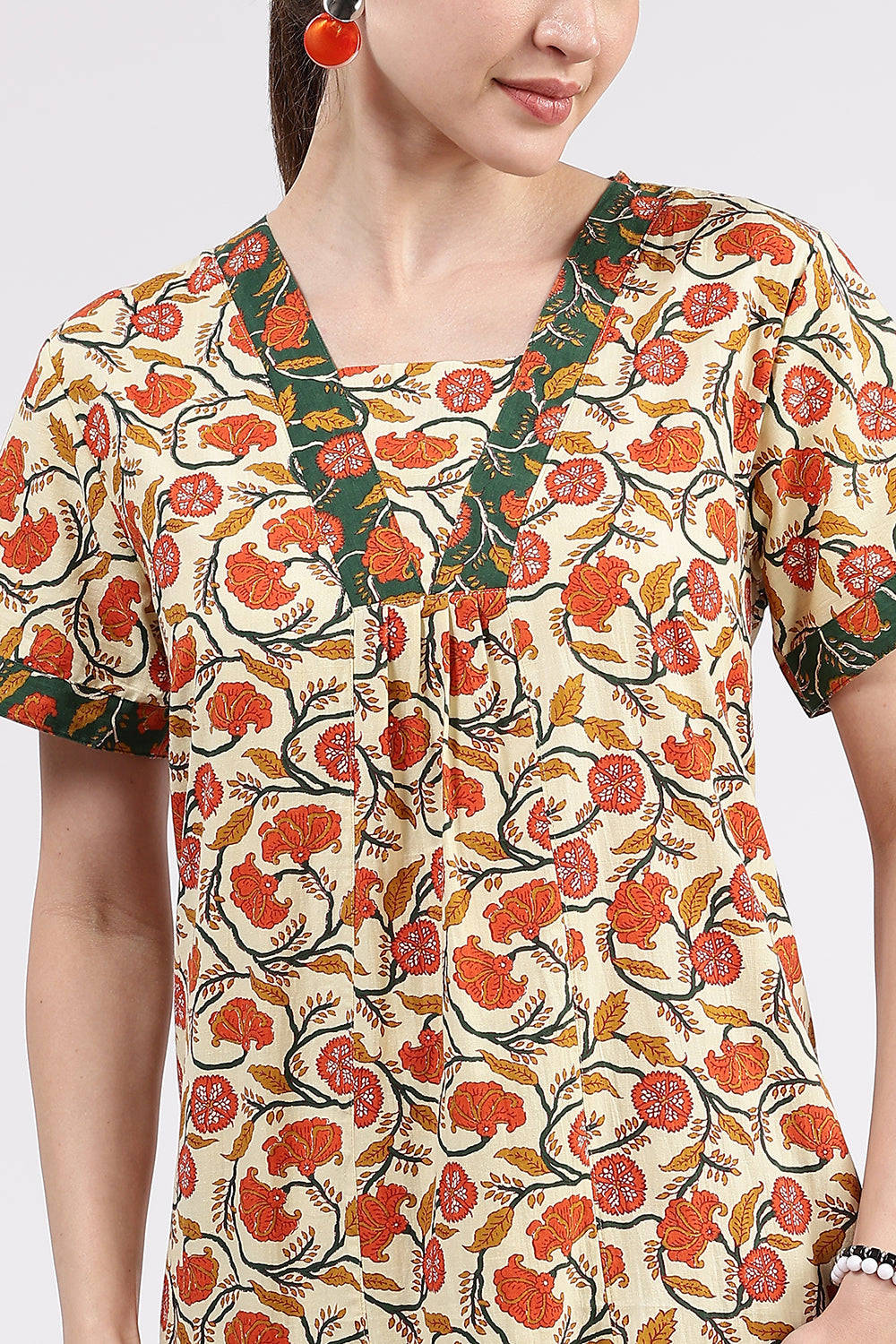 Naidu Hall Women’s Printed Cotton Full-Length Nighty with V-Neck Patchwork and Contrast Border Sleeves
 - NA46