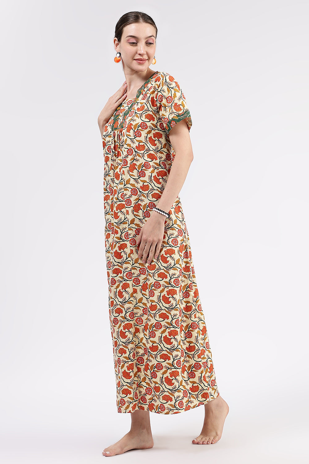 Naidu Hall Women’s Printed Cotton Full-Length Nighty with V-Neck Patchwork and Contrast Border Sleeves
 - NA46