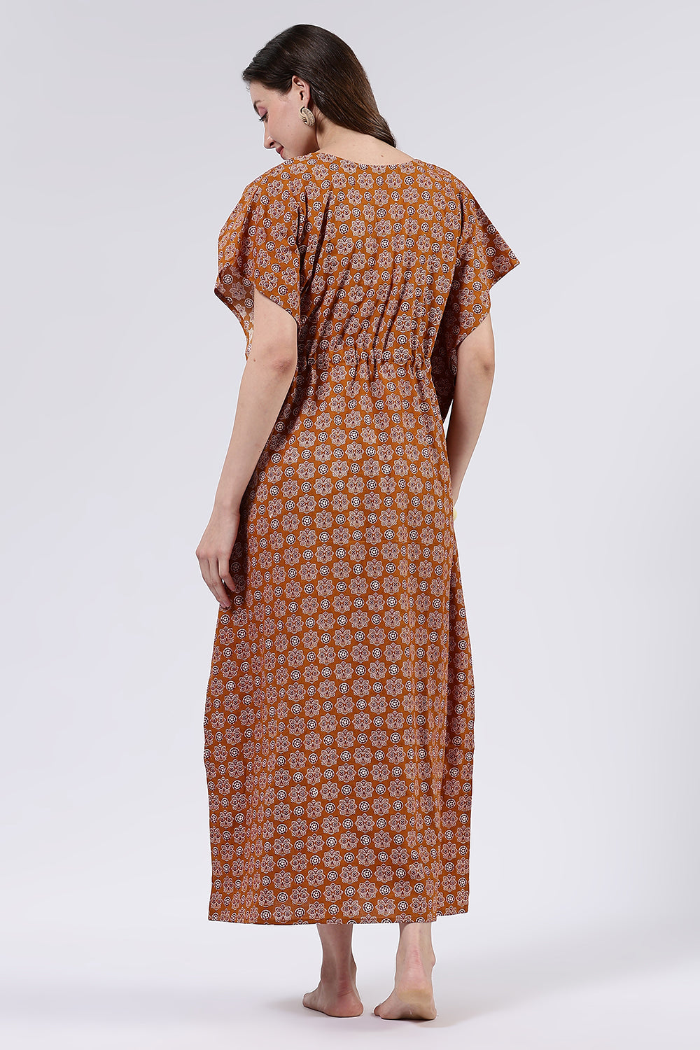 Naidu Hall Women’s Printed Cotton Full-Length Nighty with Scoop Neckline, Elbow Sleeves & Contrast Piping
 - NA56