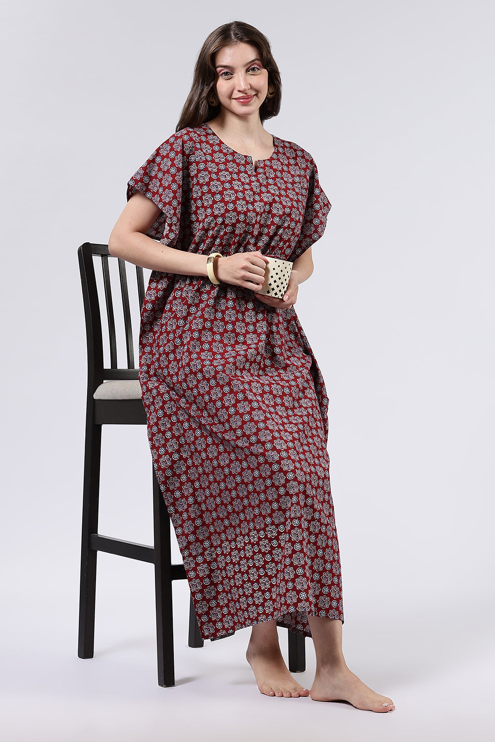 Naidu Hall Women’s Printed Cotton Full-Length Nighty with Scoop Neckline, Elbow Sleeves & Contrast Piping
 - NA56