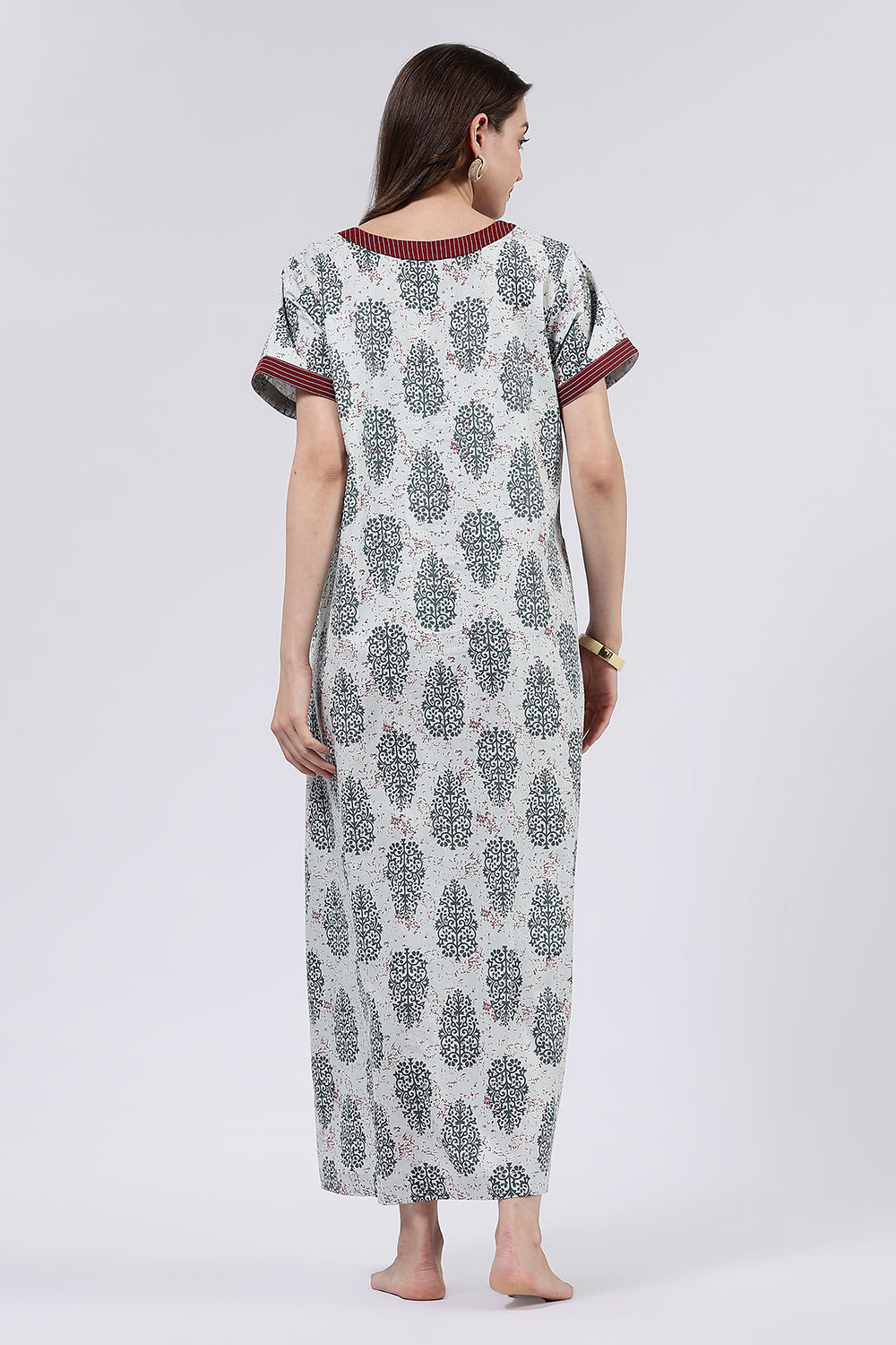 Naidu Hall Women’s Printed Cotton Full Length Nighty with Mandarin Collar and V Neckline
 - Light Grey - NA58