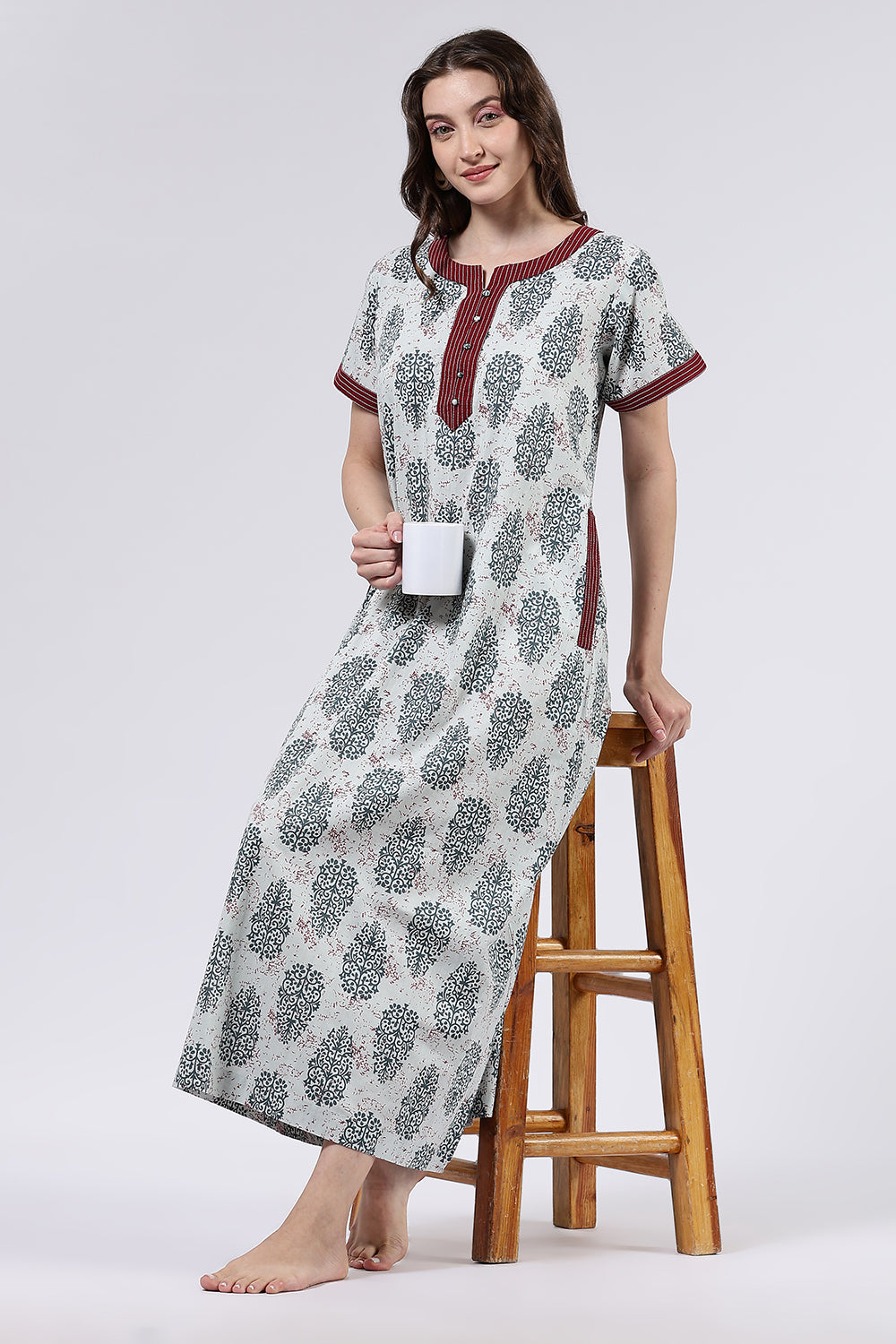 Naidu Hall Women’s Printed Cotton Full Length Nighty with Mandarin Collar and V Neckline
 - Light Grey - NA58