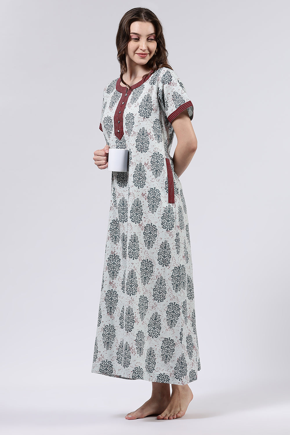 Naidu Hall Women’s Printed Cotton Full Length Nighty with Mandarin Collar and V Neckline
 - Light Grey - NA58
