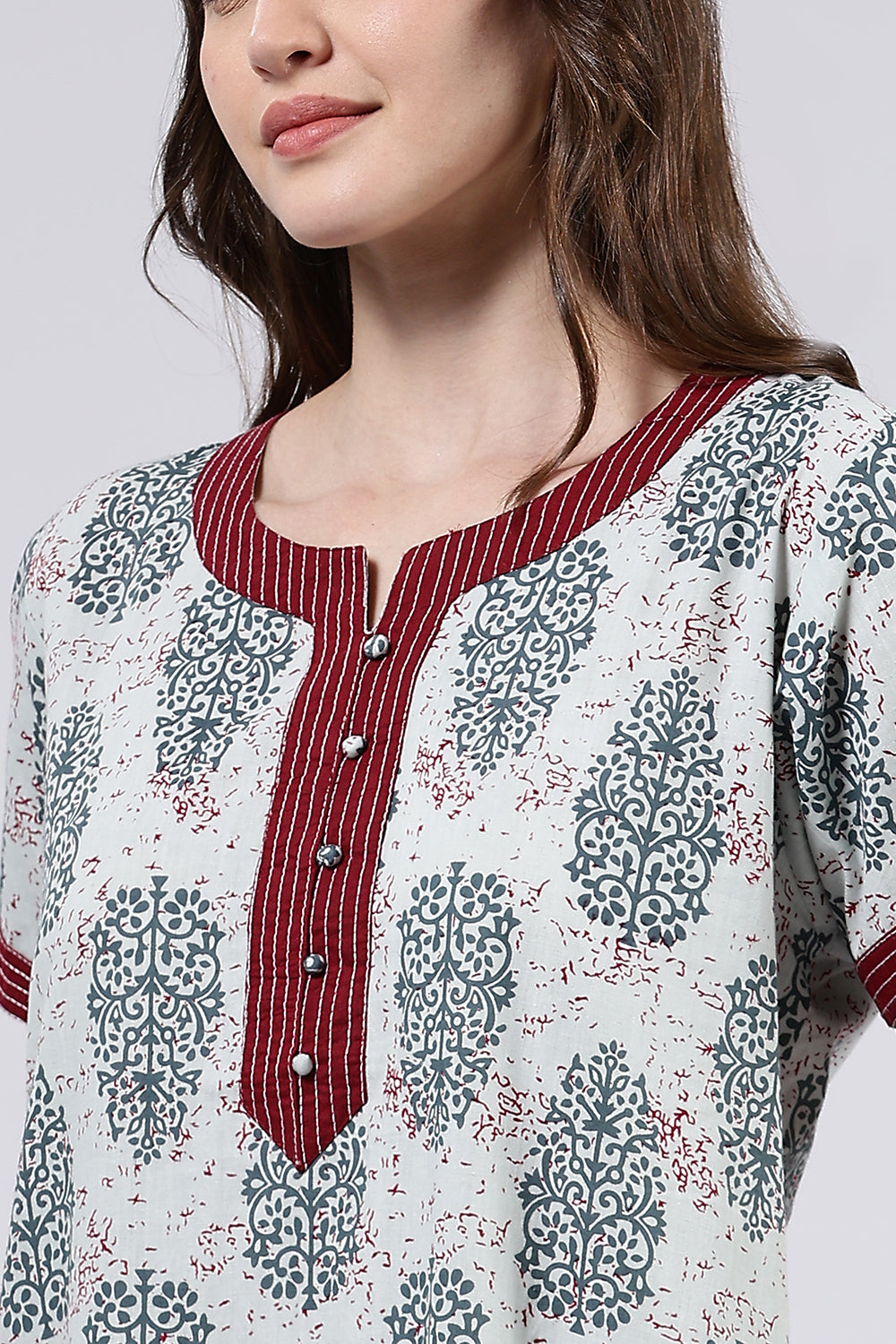 Naidu Hall Women’s Printed Cotton Full Length Nighty with Mandarin Collar and V Neckline
 - Light Grey - NA58