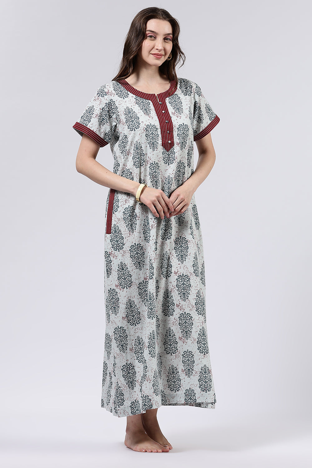 Naidu Hall Women’s Printed Cotton Full Length Nighty with Mandarin Collar and V Neckline
 - Light Grey - NA58
