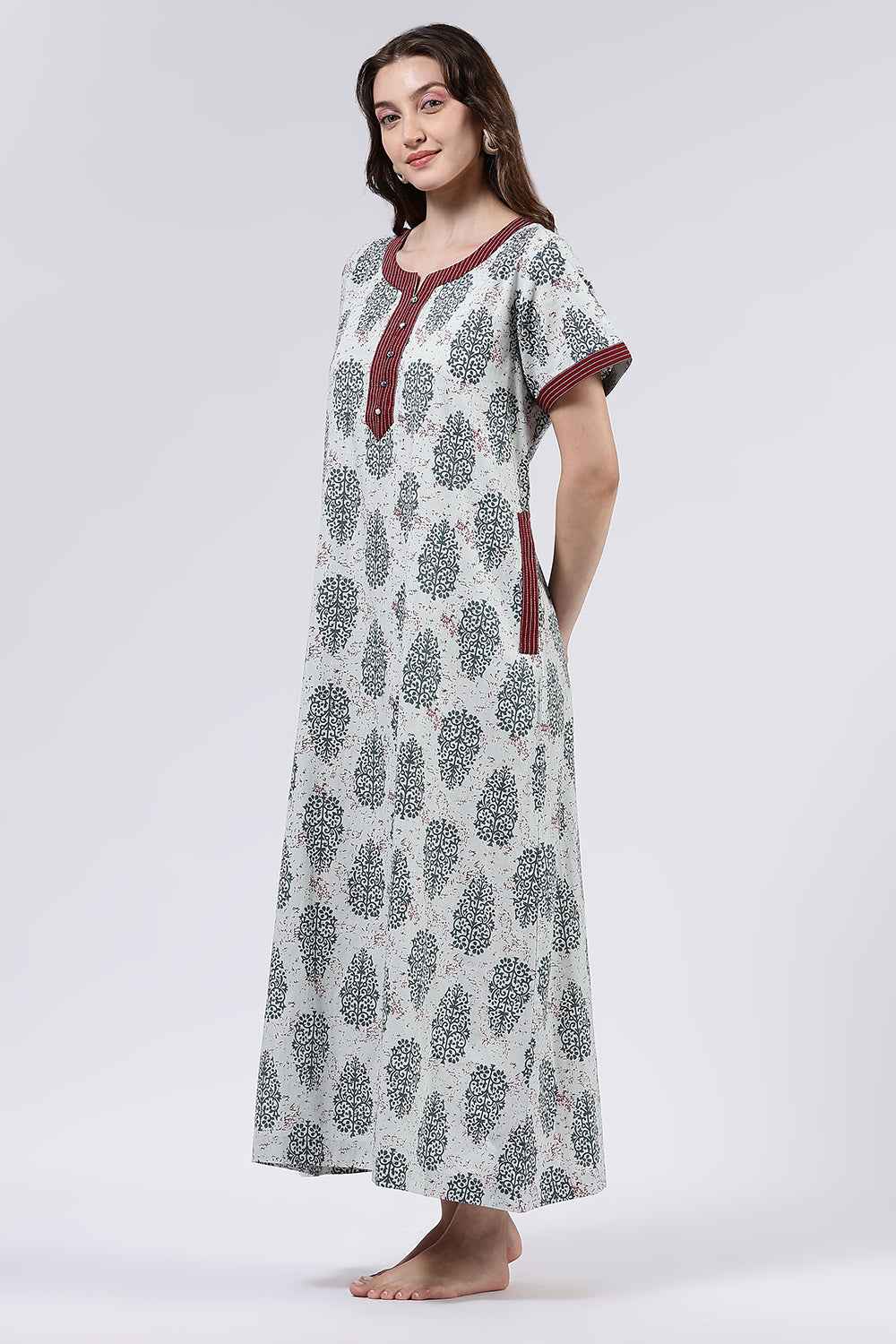 Naidu Hall Women’s Printed Cotton Full Length Nighty with Mandarin Collar and V Neckline
 - Light Grey - NA58