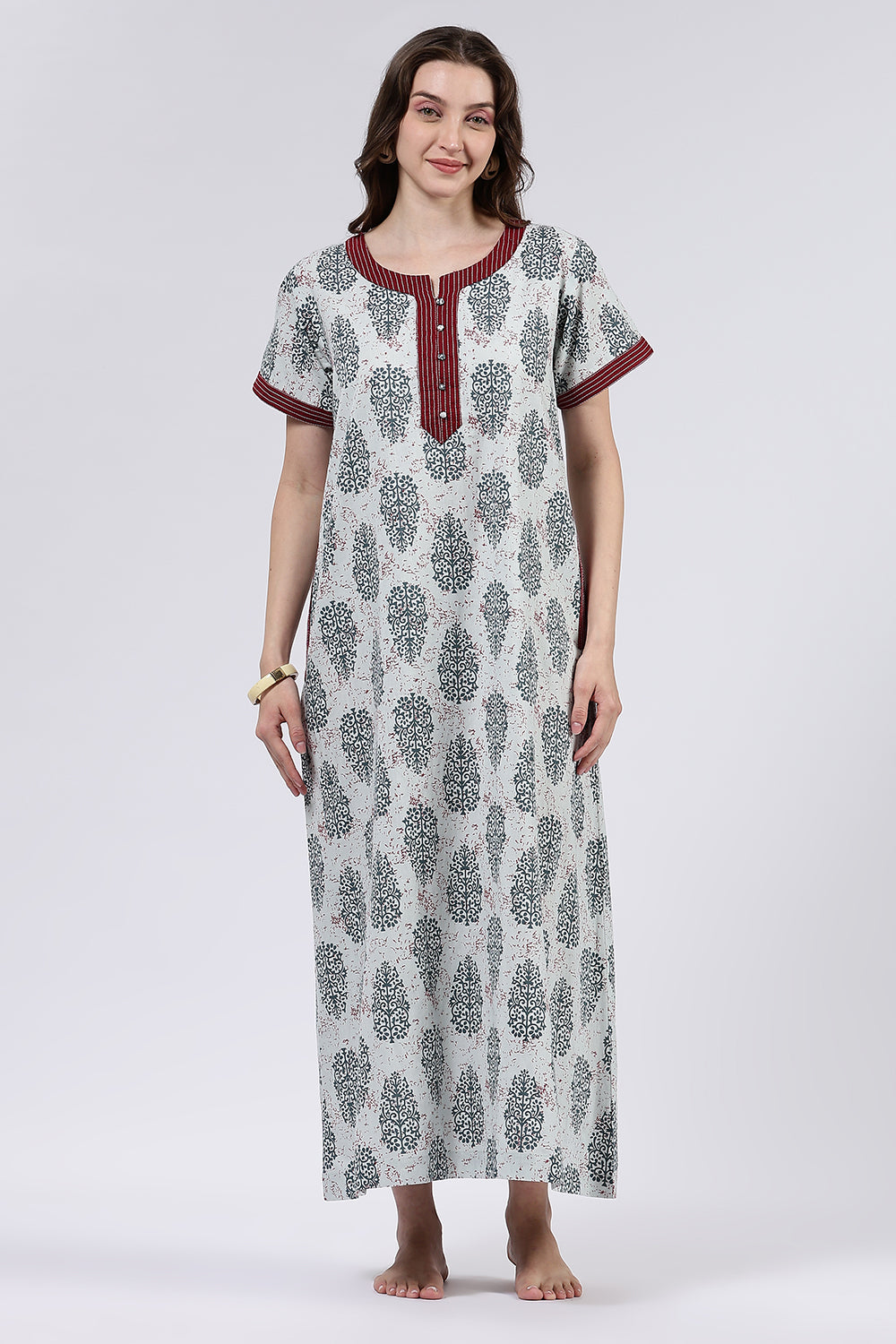 Naidu Hall Women’s Printed Cotton Full Length Nighty with Mandarin Collar and V Neckline
 - Light Grey - NA58