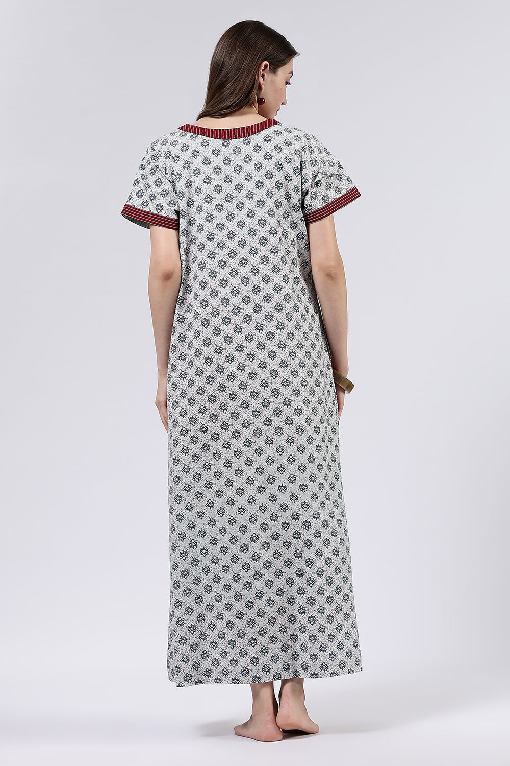 Naidu Hall Women’s Printed Cotton Full Length Nighty with Mandarin Collar and V Neckline
 - Light Grey - NA59