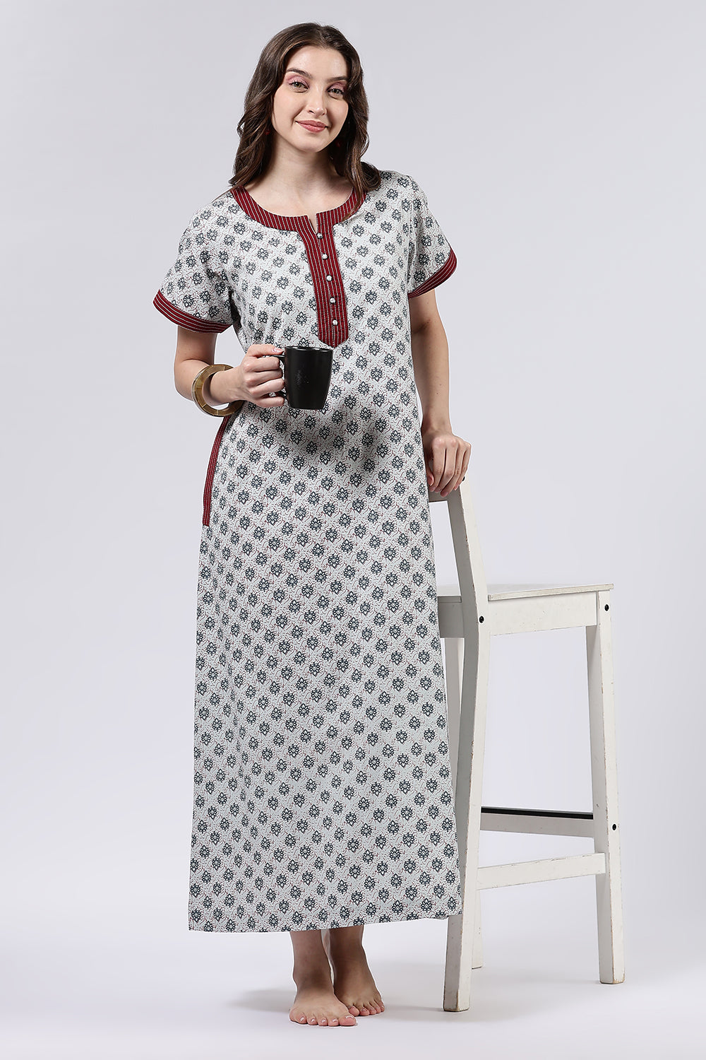 Naidu Hall Women’s Printed Cotton Full Length Nighty with Mandarin Collar and V Neckline
 - Light Grey - NA59