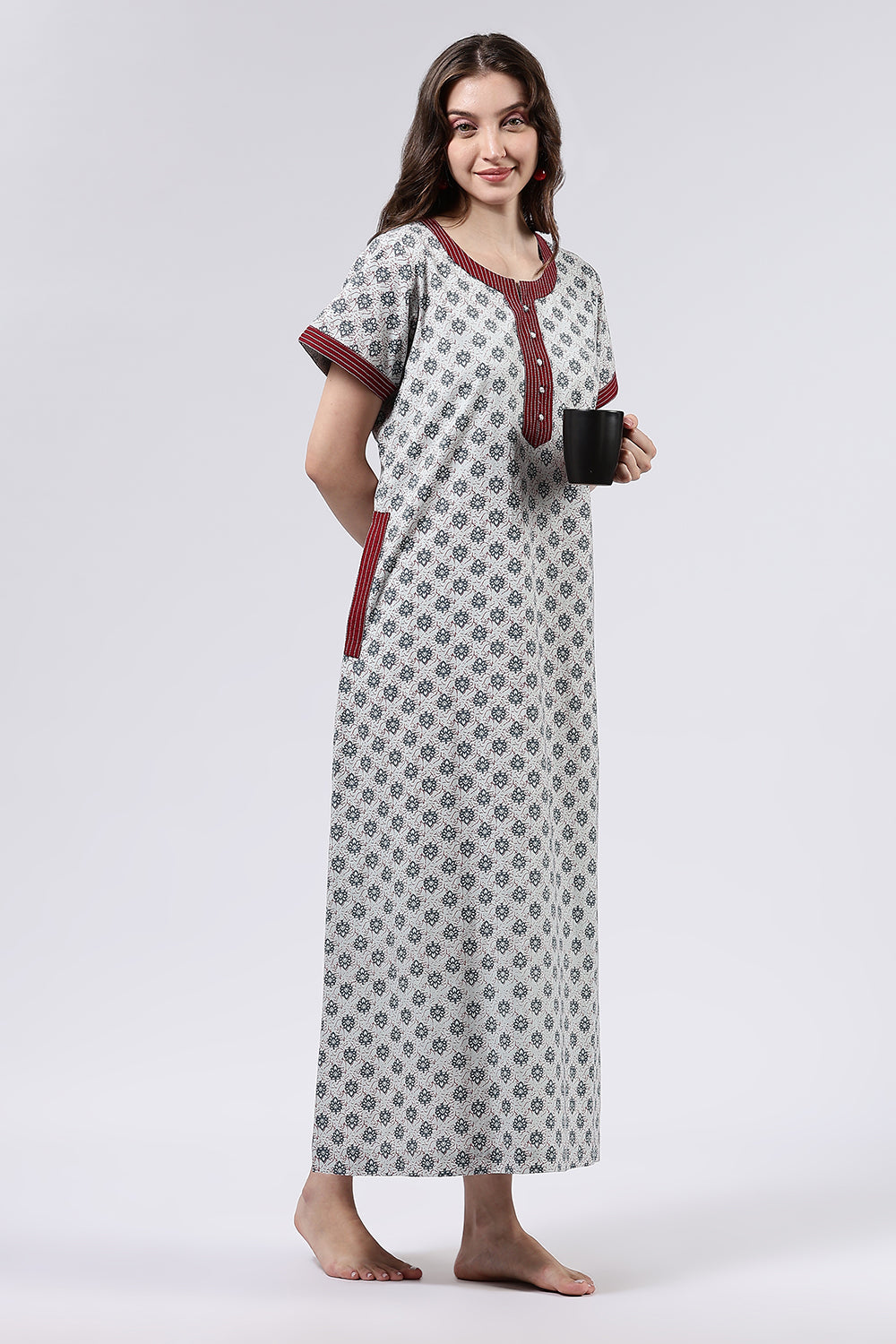 Naidu Hall Women’s Printed Cotton Full Length Nighty with Mandarin Collar and V Neckline
 - Light Grey - NA59