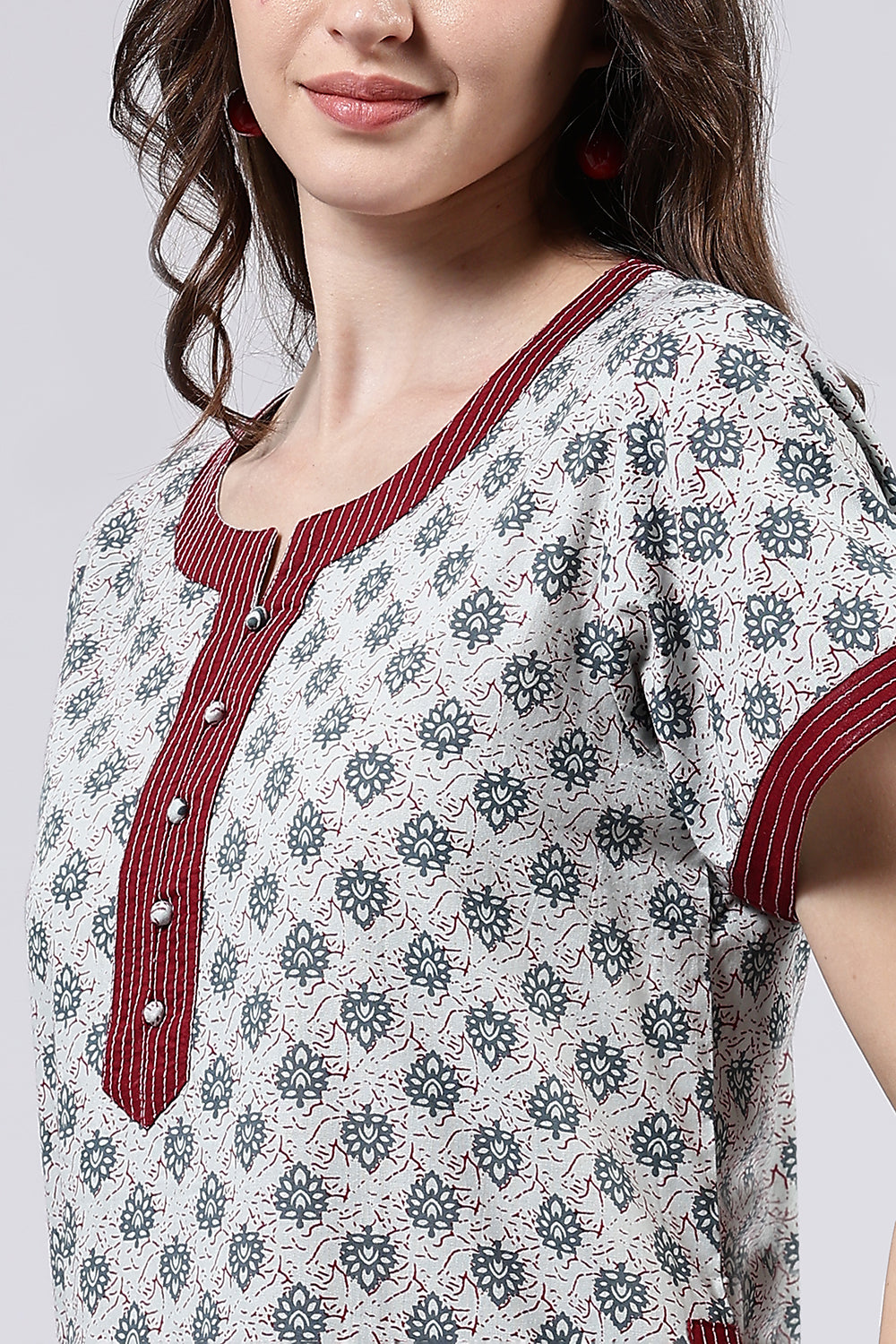 Naidu Hall Women’s Printed Cotton Full Length Nighty with Mandarin Collar and V Neckline
 - Light Grey - NA59