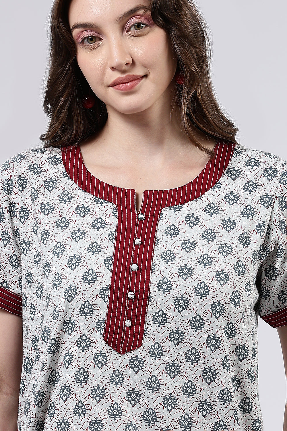 Naidu Hall Women’s Printed Cotton Full Length Nighty with Mandarin Collar and V Neckline
 - Light Grey - NA59