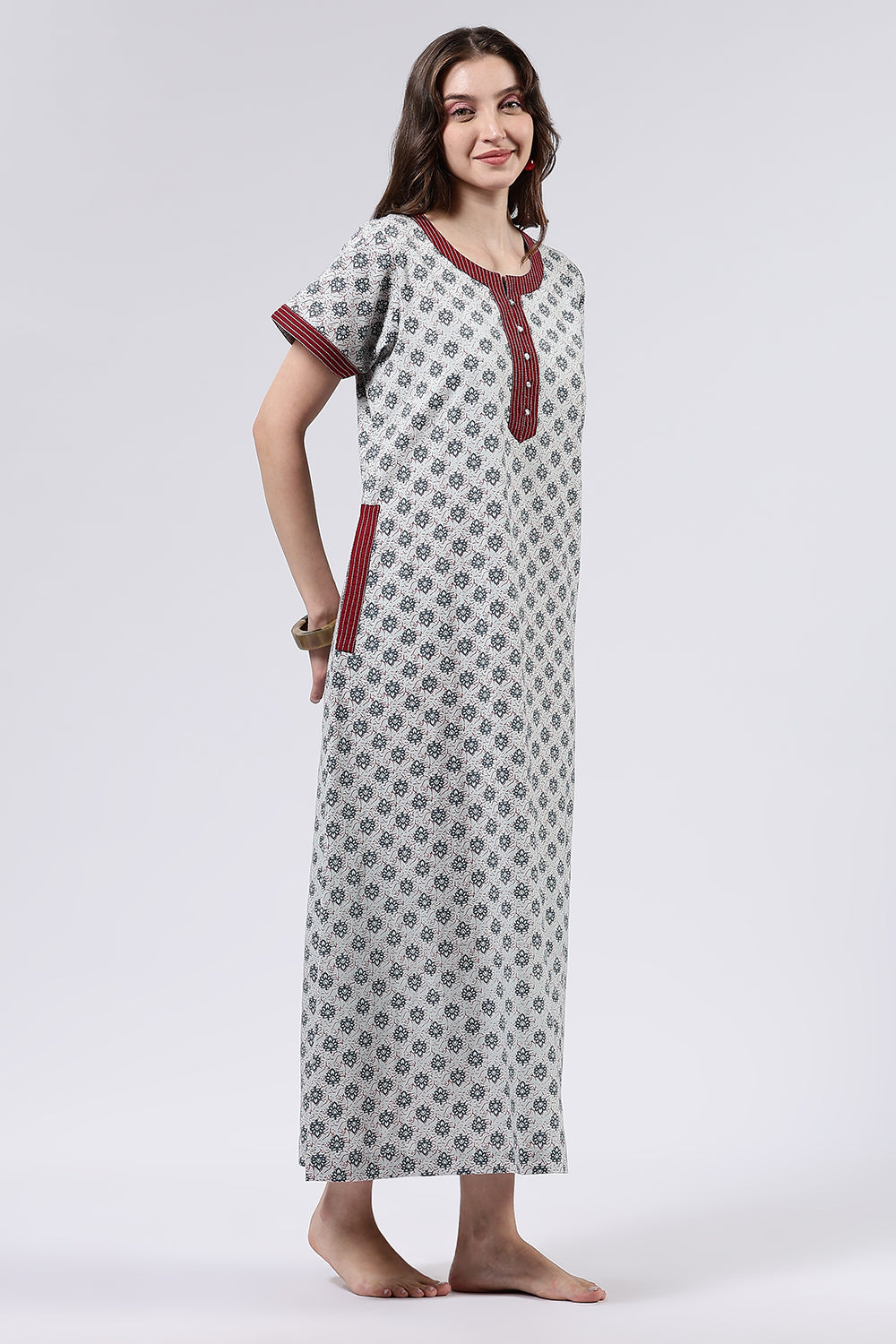 Naidu Hall Women’s Printed Cotton Full Length Nighty with Mandarin Collar and V Neckline
 - Light Grey - NA59