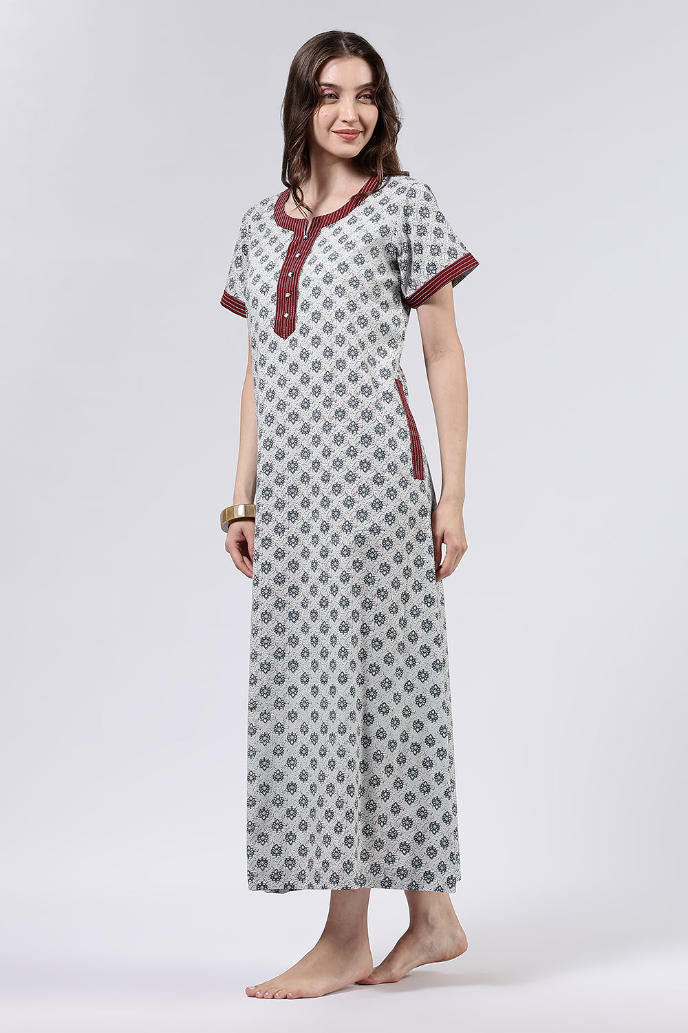 Naidu Hall Women’s Printed Cotton Full Length Nighty with Mandarin Collar and V Neckline
 - Light Grey - NA59