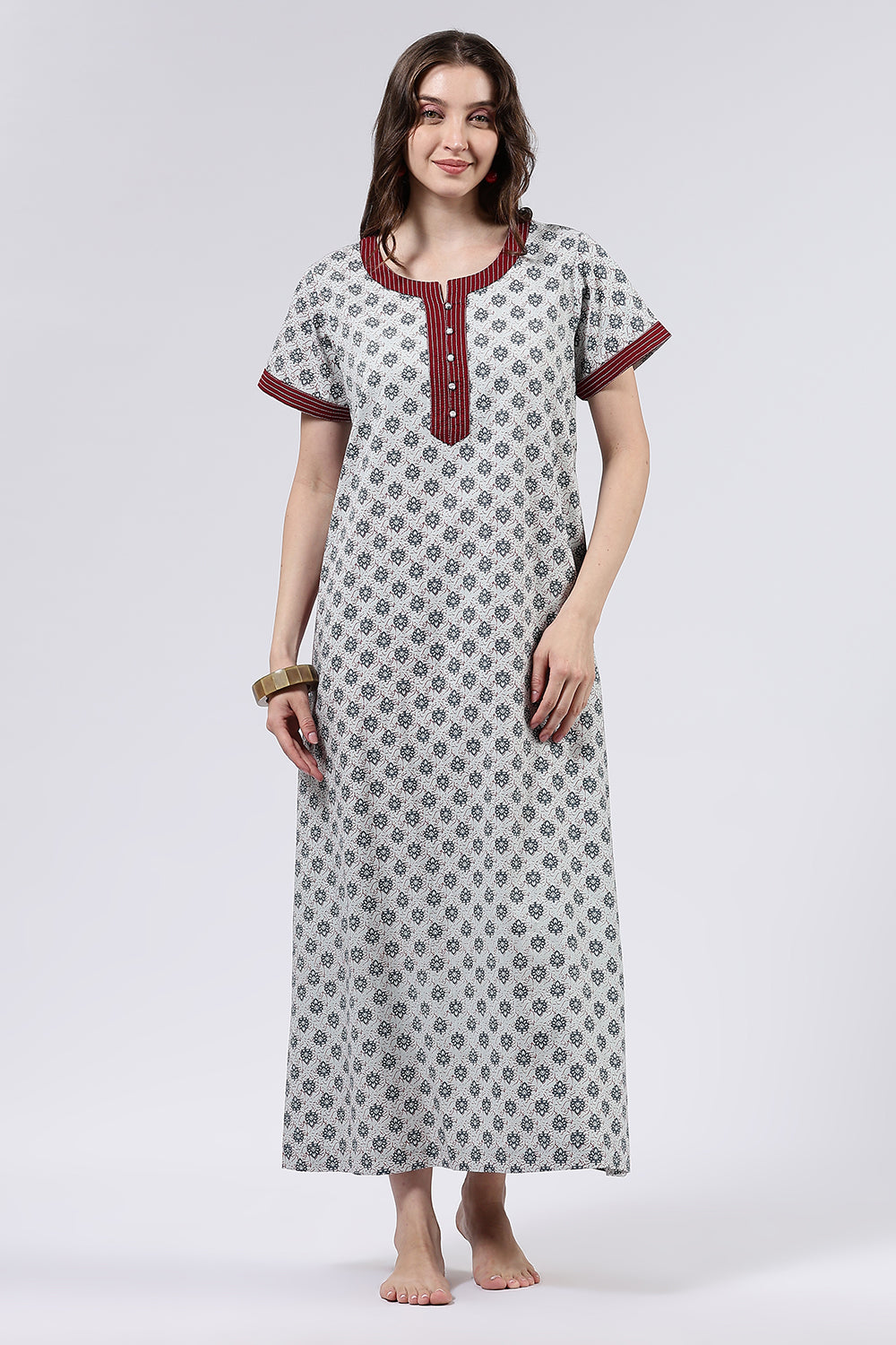 Naidu Hall Women’s Printed Cotton Full Length Nighty with Mandarin Collar and V Neckline
 - Light Grey - NA59