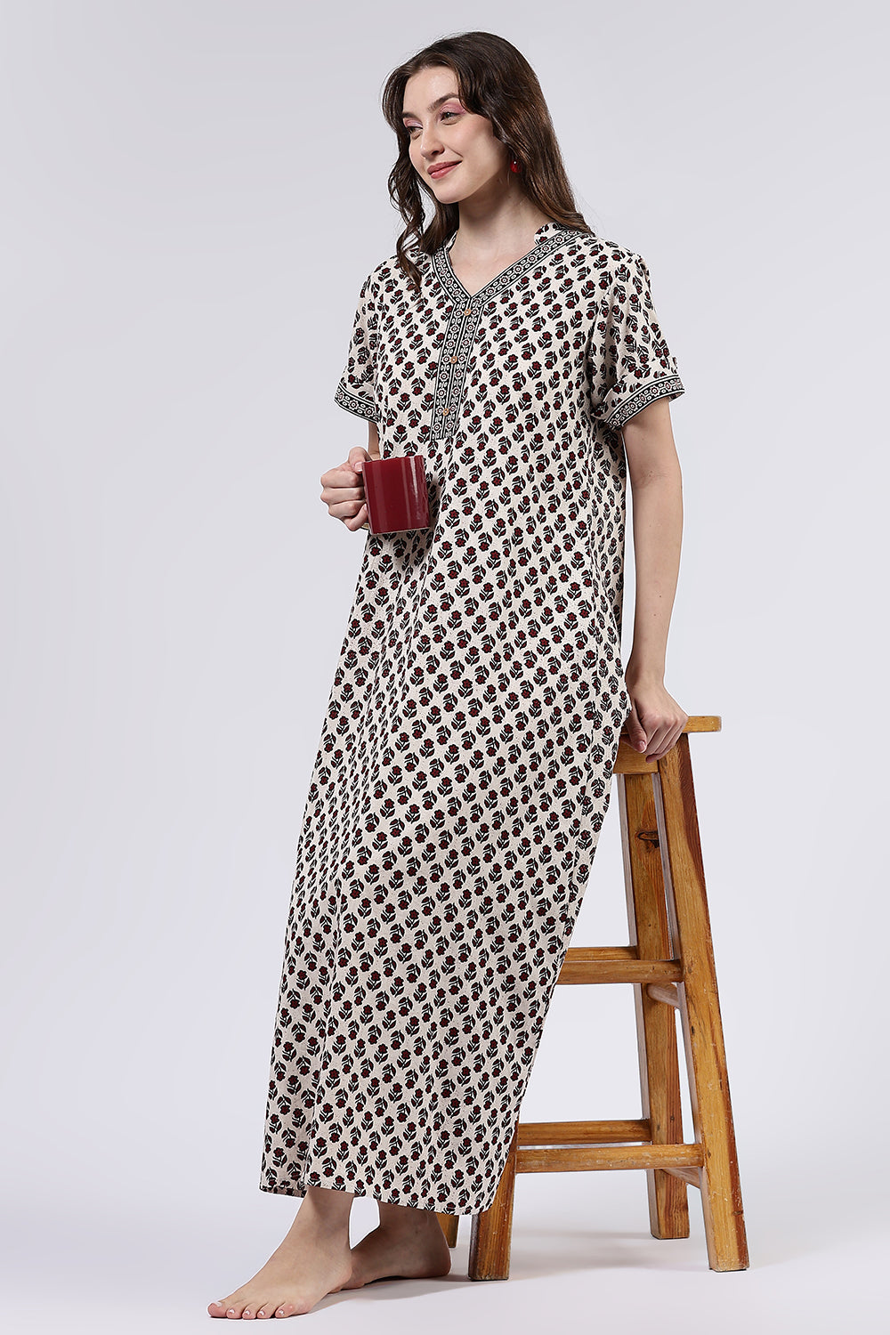 Naidu Hall Women’s Printed Cotton Full Length Nighty with Mandarin Collar and V Slit Neckline
 - Black - NA60