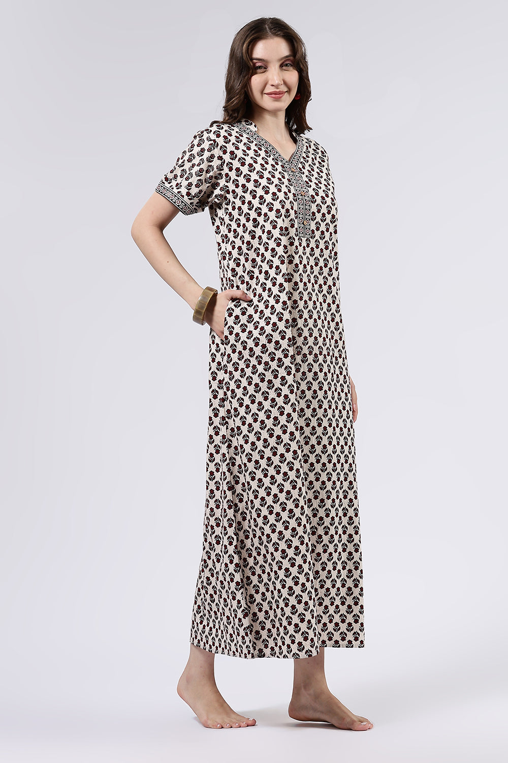 Naidu Hall Women’s Printed Cotton Full Length Nighty with Mandarin Collar and V Slit Neckline
 - Black - NA60