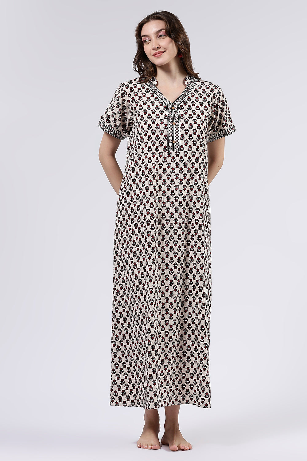Naidu Hall Women’s Printed Cotton Full Length Nighty with Mandarin Collar and V Slit Neckline
 - Black - NA60
