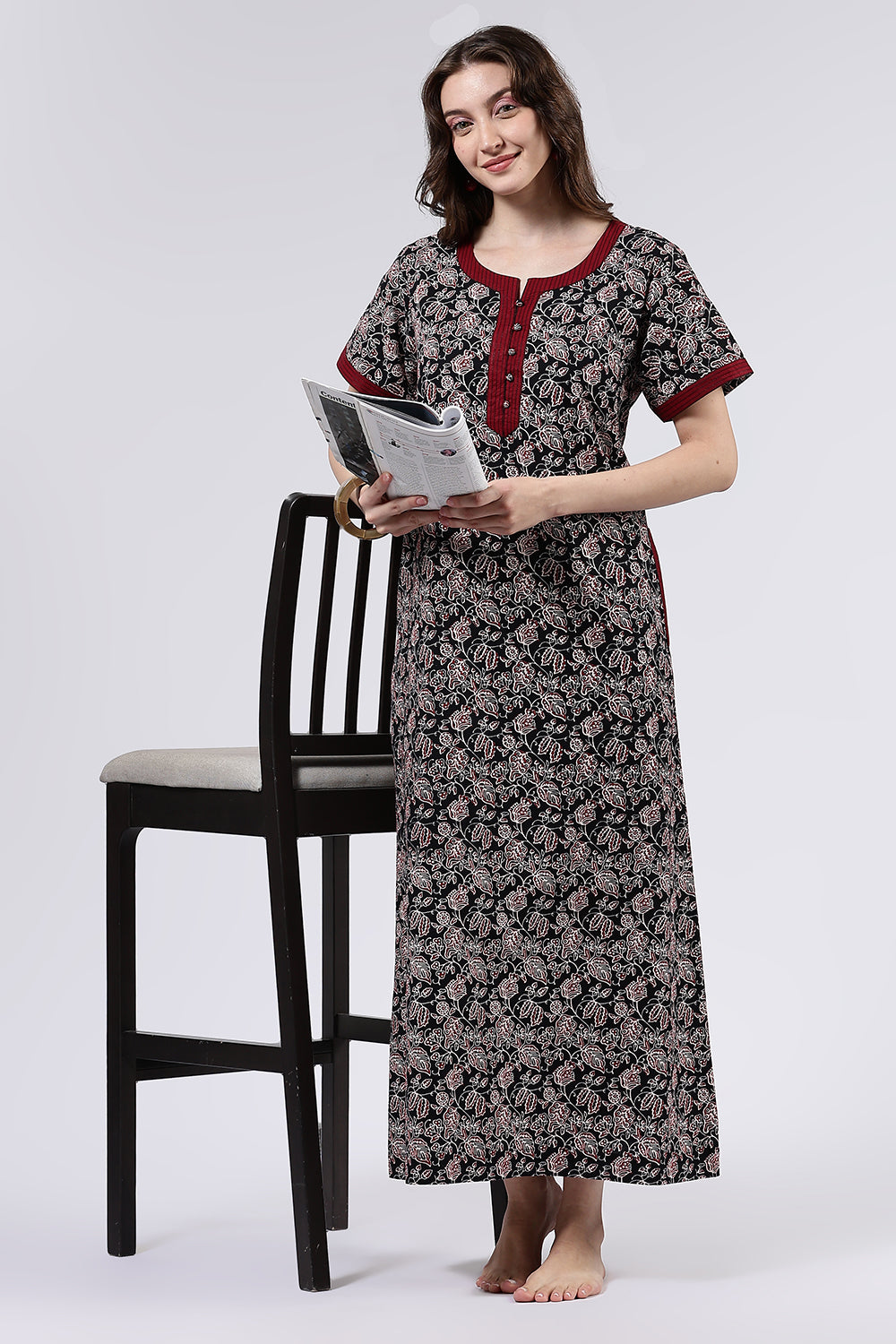 Naidu Hall Women’s Printed Cotton Full Length Nighty with Mandarin Collar and V Neckline
 - Black - NA66