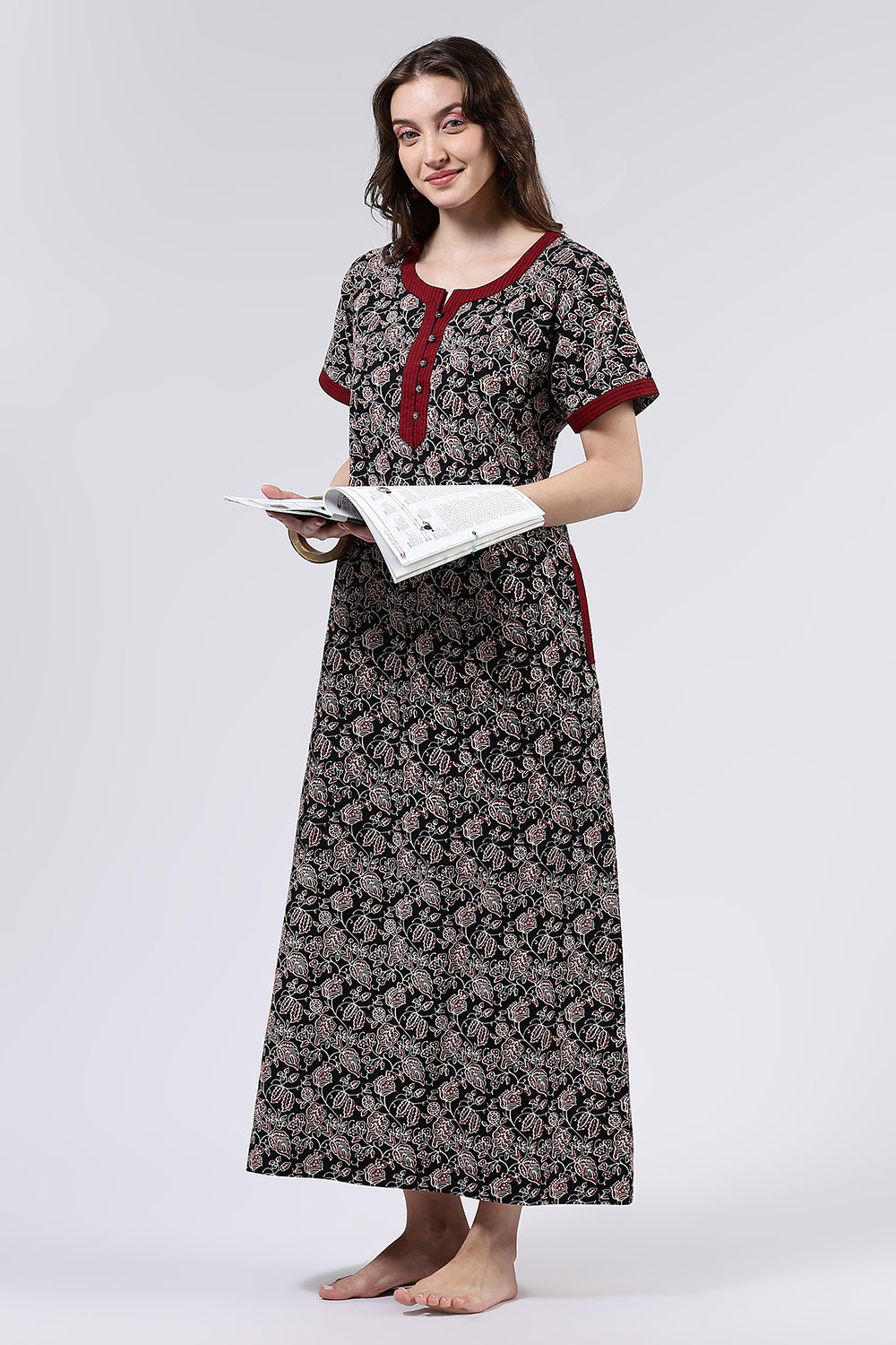 Naidu Hall Women’s Printed Cotton Full Length Nighty with Mandarin Collar and V Neckline
 - Black - NA66