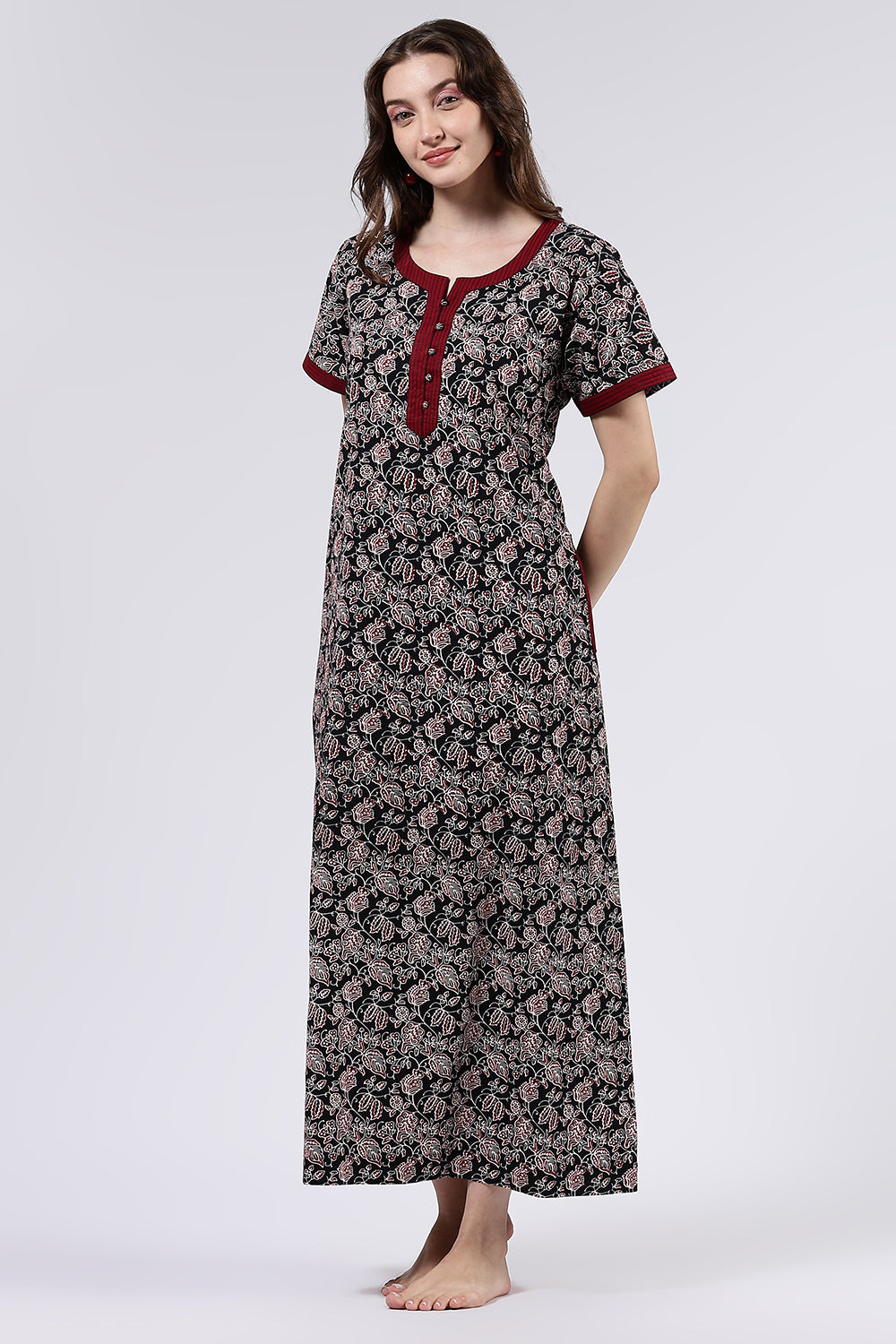 Naidu Hall Women’s Printed Cotton Full Length Nighty with Mandarin Collar and V Neckline
 - Black - NA66