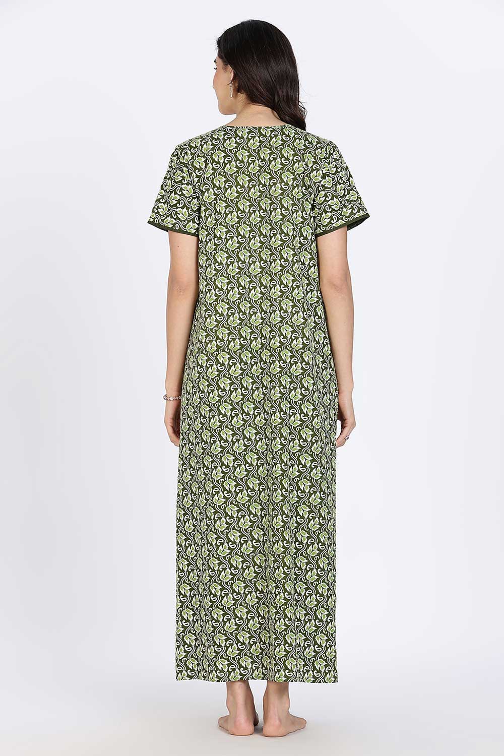 Naidu Hall Women’s Nighty Cotton Printed Full Length Night Dress with Round Neck Button Placket and Pintuck Detailing
 - Green - NA66